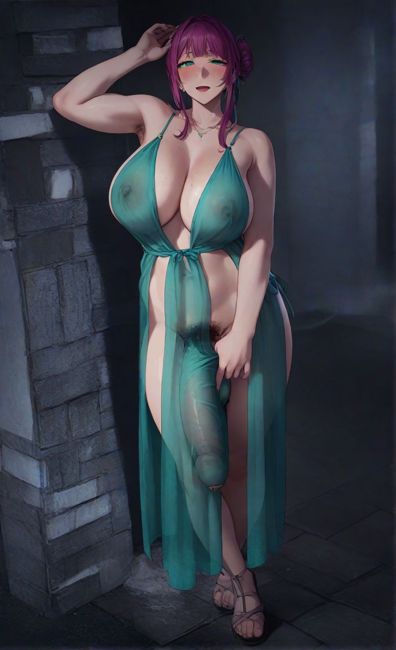 1futa ai_generated dress flaccid futanari green_dress huge_breasts huge_cock original original_character pubic_hair soup_hmr