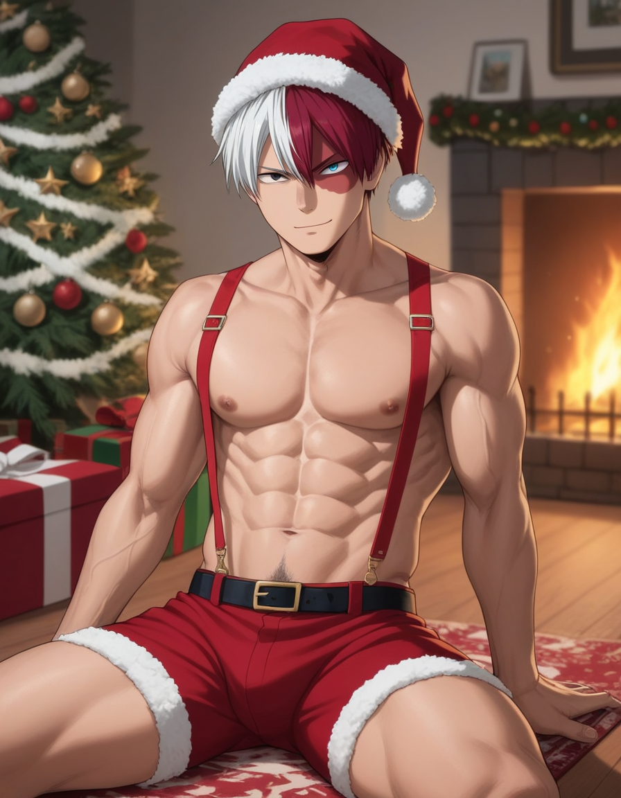 1boy abs ai_generated belt blue_eyes boku_no_hero_academia bsky_link bulge burn_scar christmas christmas_clothing christmas_decorations christmas_hat christmas_outfit christmas_present christmas_tree dvxxxgrai fireplace green_eyes heterochromia male male_only my_hero_academia nipples pixai pony_diffusion_xl pubic_hair red_hair red_shorts santa_hat scar scar_on_face seated shorts shouto_todoroki solo solo_male split-color_hair suspenders tagme todoroki_shouto toned toned_body toned_male topless topless_male twitter_link two_tone_hair white_hair