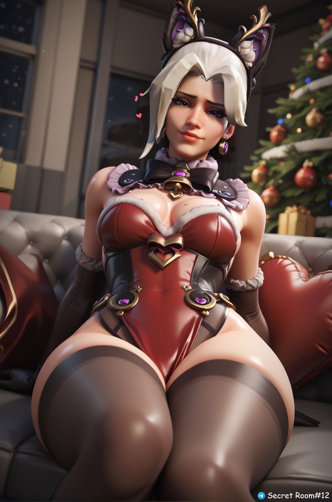 1female 2025 3d ai_generated big_hips blizzard_entertainment christmas curvy curvy_figure female looking_at_viewer mercy merry_christmas overwatch overwatch_2 pony_diffusion_xl secret_room12 shiny_skin short_hair sitting stable_diffusion stockings thighs video_game video_game_character video_games white_hair