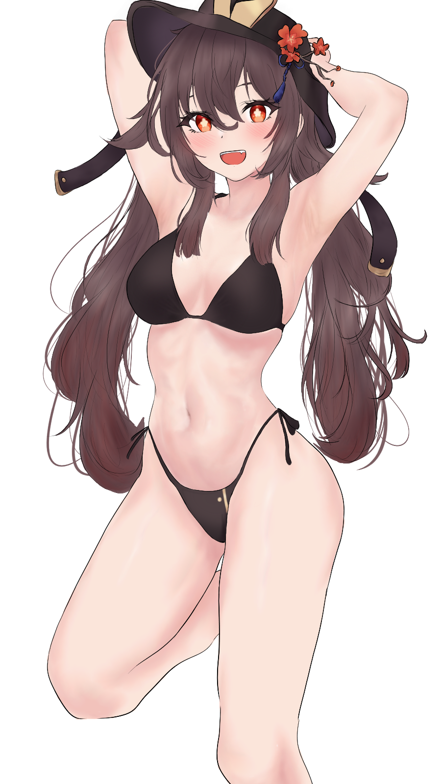 1girls artist_request ass bikini bikini_bottom bikini_bottom_only bikini_only bikini_top bikini_top_only brown_hair female female_only genshin_impact hat hat_only hu_tao_(genshin_impact) long_hair png solo solo_female solo_only wearing_hat