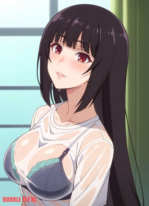 1girls ai_generated black_hair blush bra breasts bubbleteexl fringe fringe_hair jabami_yumeko kakegurui lips long_hair perfect_body perfect_breasts red_eyes underwear wet wet_clothes