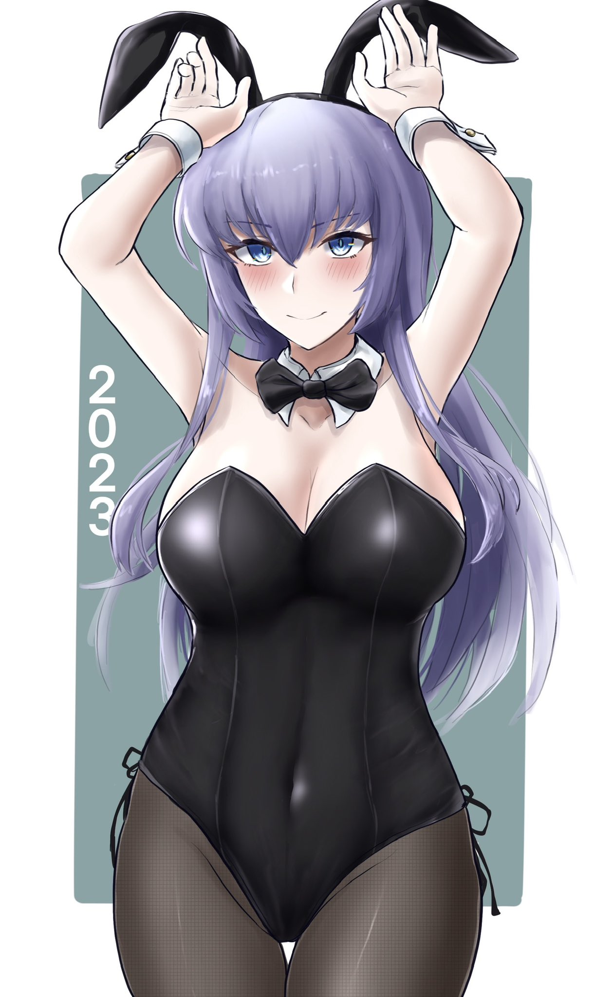 1girls 2023 arms_up belly belly_button blue_eyes blue_hair bowtie breasts bunny_ears bunnysuit cleavage collar color digital_media_(artwork) fishnets galaxy_gals headmistress_jeanne large_breasts light_skin long_hair mature_female nyanko_daisensou pose sed_(d4vcmk) smile teacher the_battle_cats thick_thighs thighs tight_clothing wrist_cuffs