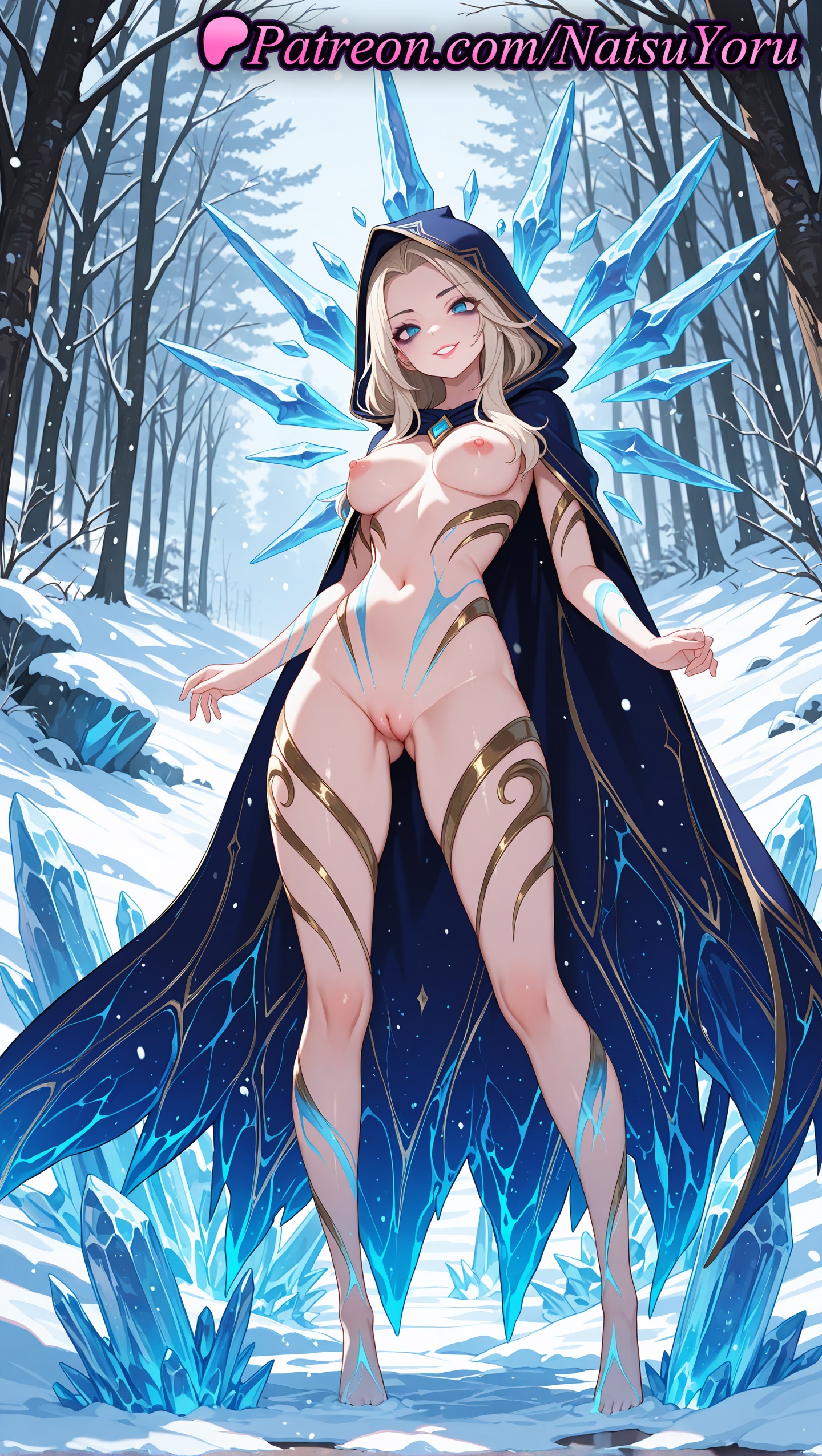 1girls, 2025, ai assisted, ai generated, anime, anime style, artist name, ashe (league of legends), ass visible through thighs, bare tree, barefoot, blonde hair, blue cape, blue eyes, breasts, bust, busty, cape, cleft of venus, cloak, crystal, feet, female, female focus, female only, foot fetish, forest, full body, gem, grin, hi res, high quality, high resolution, highres, hood, hood up, hooded cape, hooded cloak, ice, large breasts, league of legends, league of legends: wild rift, legs, legs apart, long hair, looking at viewer, makeup, medium breasts, naked cloak, natsuyoru, nature, navel, nipples, nipples outside, non-asian, nude, nude female, outdoors, paipan, pale skin, parted lips, patreon, pussy, riot games, shaved pussy, shaved vagina, smile, snow, snowing, solo, solo female, stable diffusion, standing, stomach, tattoo, thighs, toenails, toes, tree, uncensored, uncensored nipples, vagina, voluptuous, voluptuous female, winter