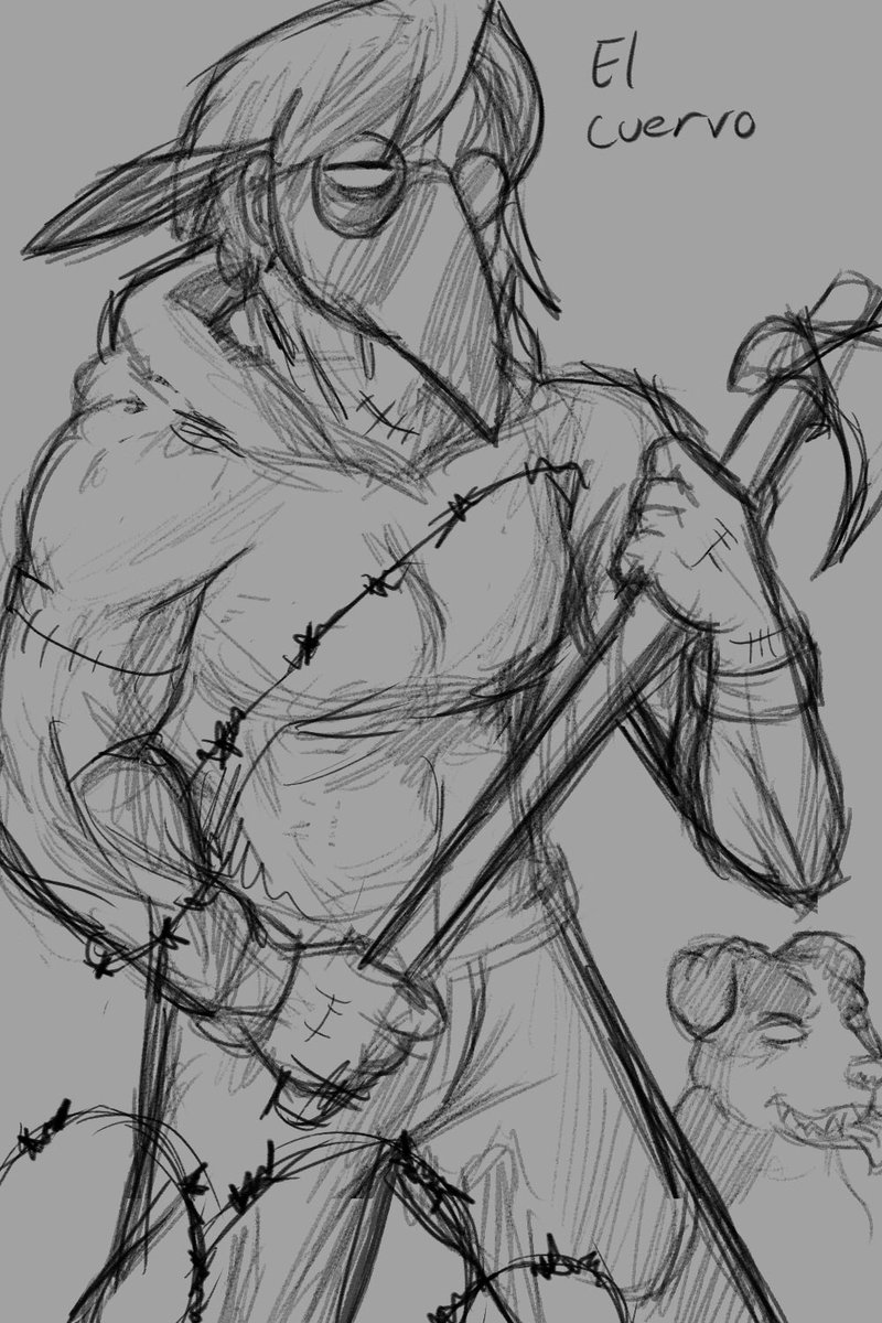 axe barbwire buff_male canine hoodie muscular_body pants plague_doctor_mask rose_dax rosededax self_insert spanish_text stitches