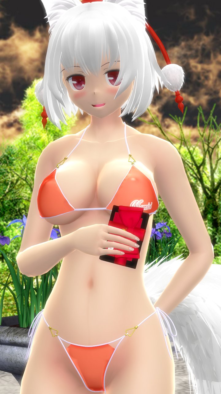 1girls 2023 3d belly_button bikini blush breasts clavicle cleavage clouds flowers hat hati_yukkuri_mmd headwear hips holding_object jpeg kemonomimi light-skinned_female mmd momiji_inubashiri open_mouth orange_bikini outdoors red_eyes short_hair_female solo_female solo_focus sunset swimsuit tengu tokin_hat touhou trees waist white_hair_female white_tail white_wolf wolf_girl wolf_tail youkai