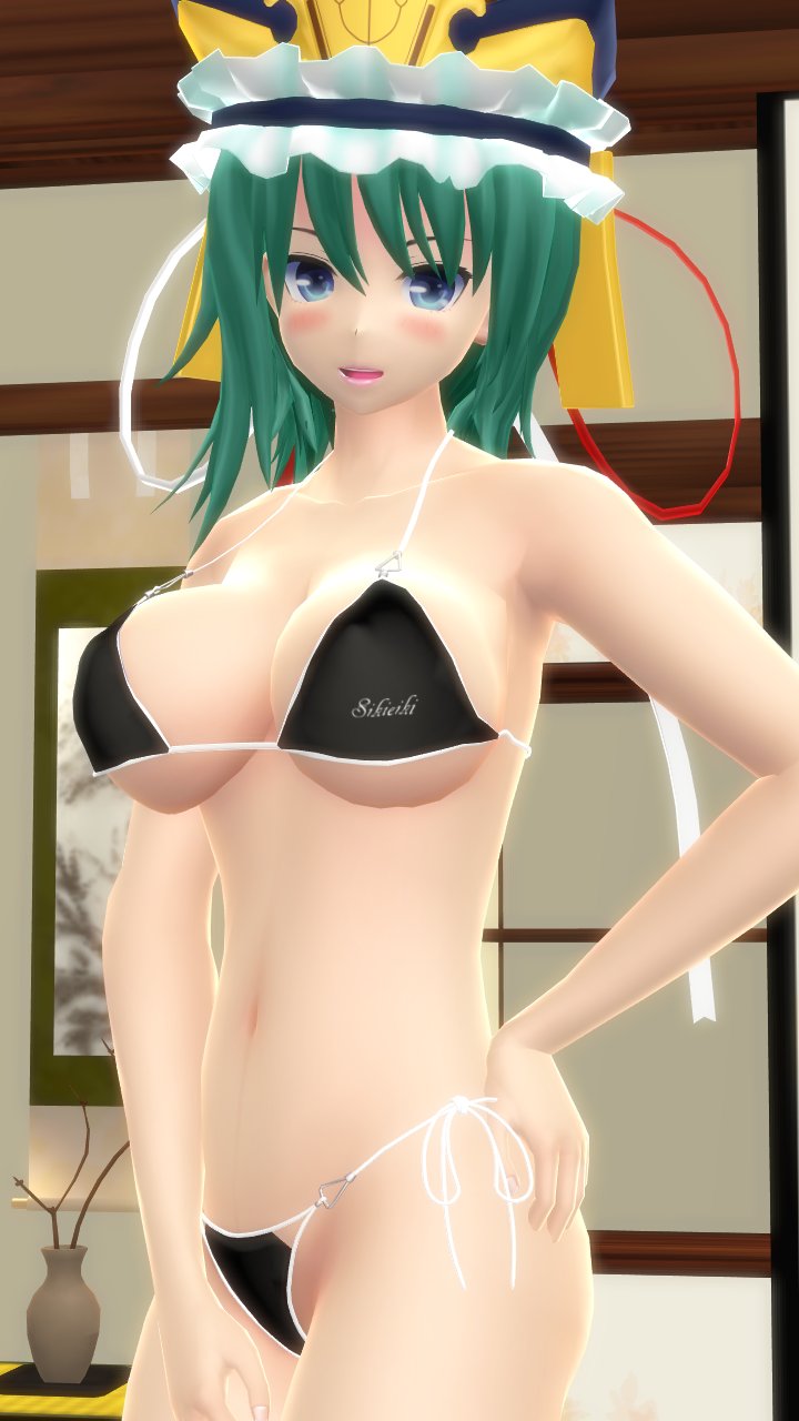 1girls 2023 3d belly_button bikini black_bikini breasts cleavage eiki_shiki green_hair_female hand_on_hip hat hati_yukkuri_mmd headwear hips indoors interior_background jpeg light-skinned_female mmd open_mouth posing short_hair_female solo_female solo_focus swimsuit touhou waist yama