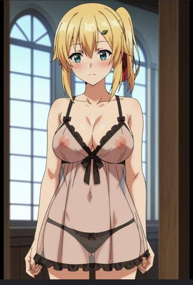 artist request, big breasts, black panties, blonde hair, breasts, emma brightness, female, green eyes, lingerie, panties, the hidden dungeon only i can enter, topless female