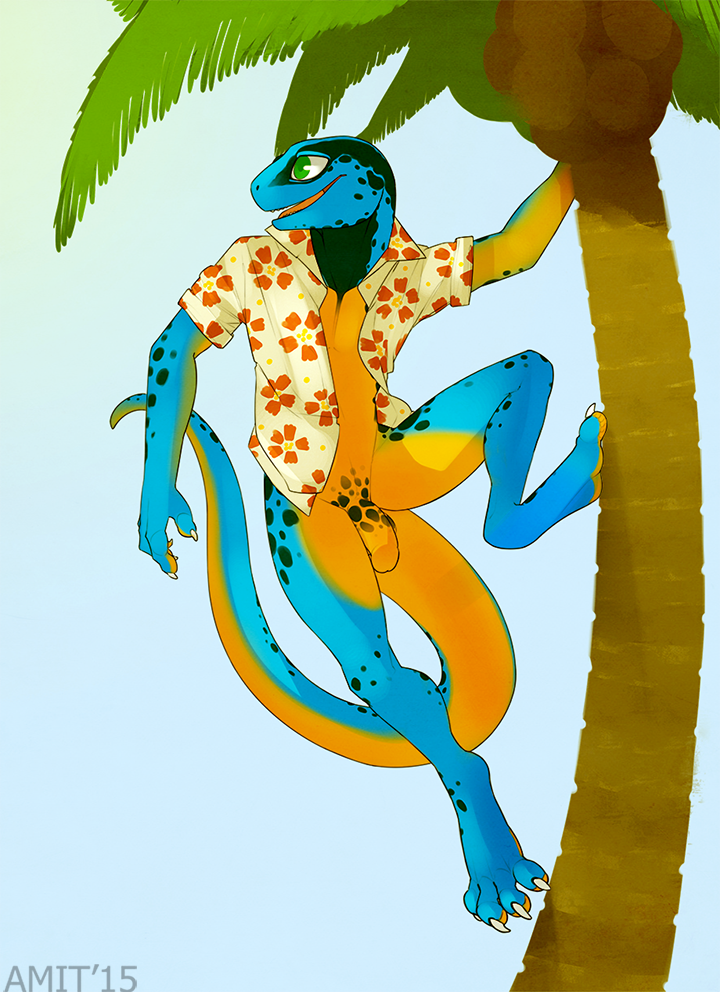 2015 amit blue_skin claws climbing clothing coconut gecko green_eyes hawaiian_shirt humanoid_penis lizard male male_only palm_tree penis plain_background reptile scalie smile solo spots teeth tree two_tone_skin