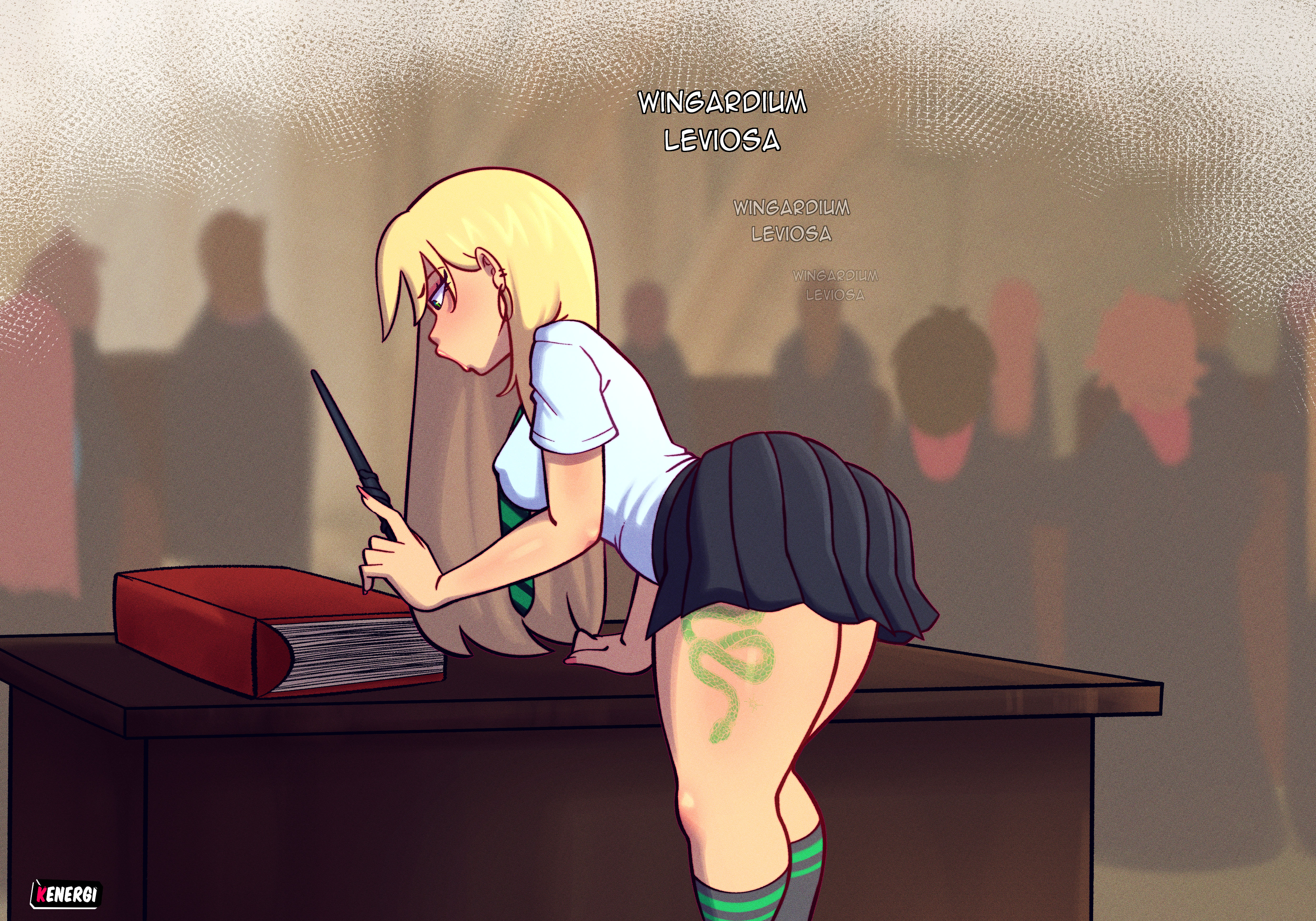 1girls, ass, ass focus, blonde female, blonde hair, classroom, draco malfoy, draco malfoy (redteneri), female, female focus, female only, genderbend, genderswap, green eyes, harry potter, kenergi, school uniform, shiny skin, skirt, slytherin, solo, tagme, thick thighs, thighhighs, thighs, wand