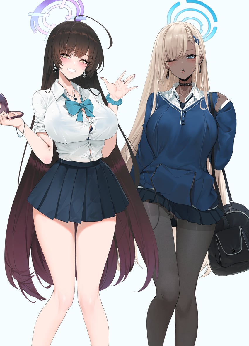 2girls, ahegao, asuna (blue archive), bag, big breasts, black bag, black pantyhose, blonde hair, blue archive, blue bow, blue bra, blue eyes, blush, bow, bra, bra visible through clothes, bracelet, breasts, button gap, dishwasher1910, earrings, female, female only, halo, hoop earrings, jewelry, karin (blue archive), large breasts, long hair, long sleeves, looking at viewer, mole, mole on neck, mole on thigh, multiple girls, necklace, necktie, one eye closed, open mouth, pantyhose, school uniform, scrunchie, scrunchie on wrist, shirt, simple background, skirt, sleeves rolled up, very long hair, white shirt, wrist scrunchie, yellow eyes