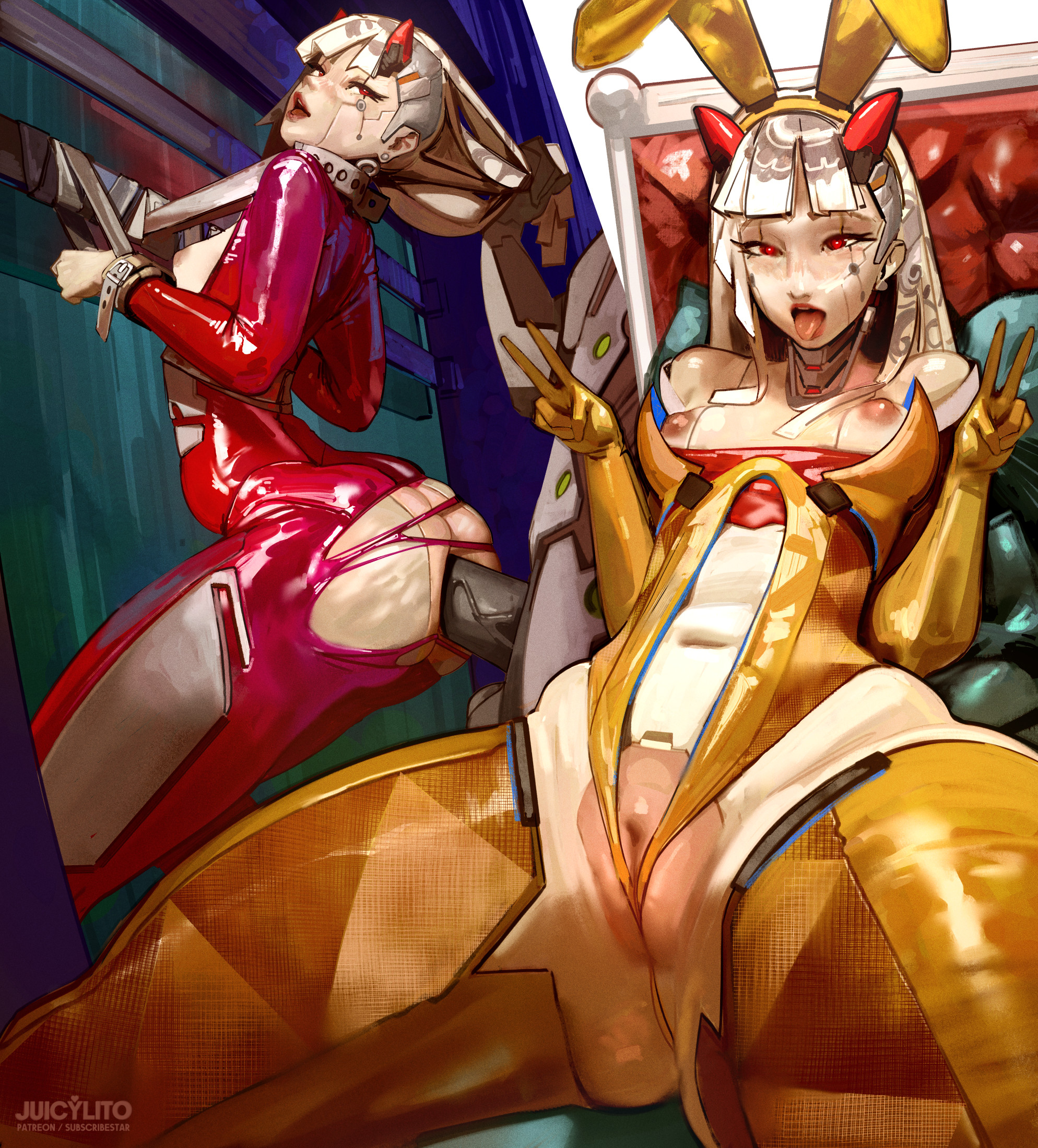 1boy, 1girls, blizzard entertainment, breasts, bunny ears, erection, female, from behind, juicylito, male, nipples, overwatch, penetration, penis, pussy, robot, robot girl, sex, shion (overwatch), superjuicylito