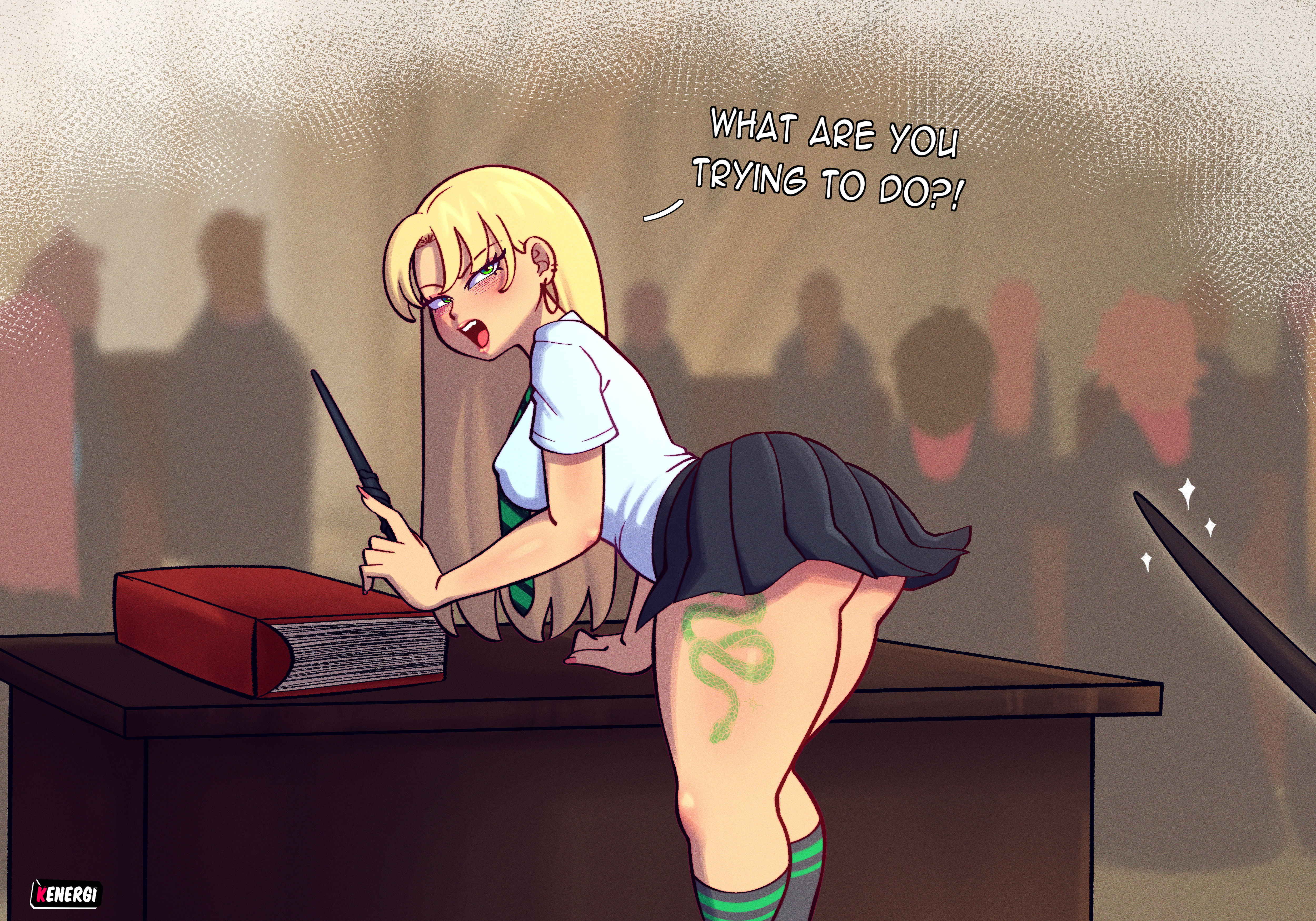 1girls, ass, ass focus, blonde female, blonde hair, classroom, draco malfoy, draco malfoy (redteneri), female, female focus, female only, genderbend, genderswap, green eyes, harry potter, kenergi, looking at viewer, looking back, school uniform, shiny skin, skirt, skirt lift, skirt up, slytherin, solo, tagme, thick thighs, thighhighs, thighs, wand