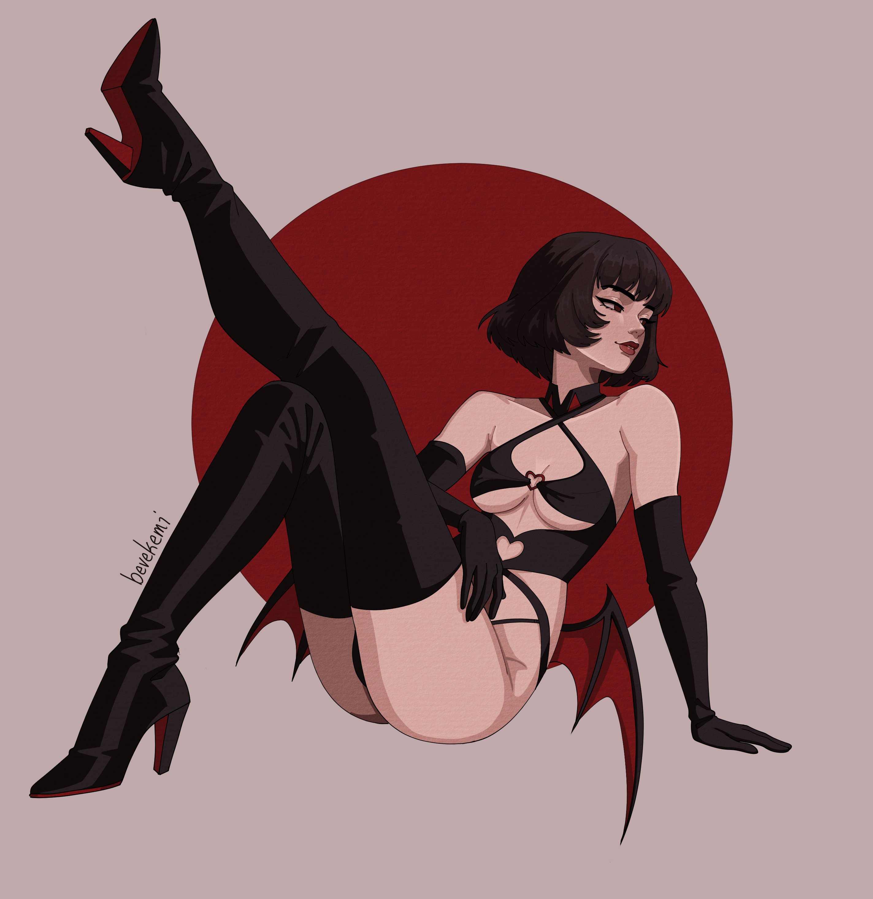 1female, 1girl, 1girls, 2d, 2d (artwork), bat wings, black hair, boots, clothed, clothed female, dark hair, deadlock, female, female focus, female only, heeled boots, heels, knee boots, kneehigh boots, leg up, legs up, lingerie, long boots, long legs, mina (deadlock), mina ha, short hair, simple background, sitting, tagme, tagme (artist), vampire, vampire girl