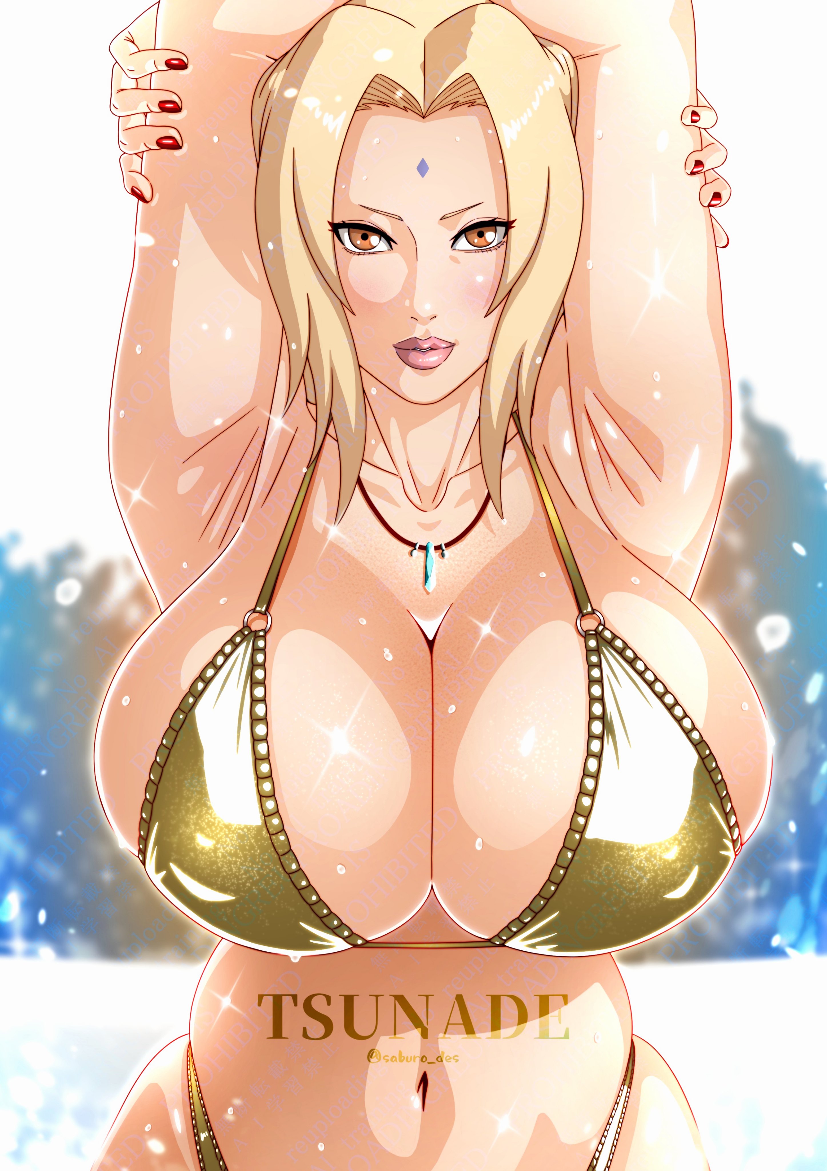arms behind back, arms behind head, arms up, big breasts, big tits, character name, golden bikini, high resolution, highres, looking at viewer, naruto, naruto (series), saburo des, sideboob, sweaty body, tsunade, yellow hair
