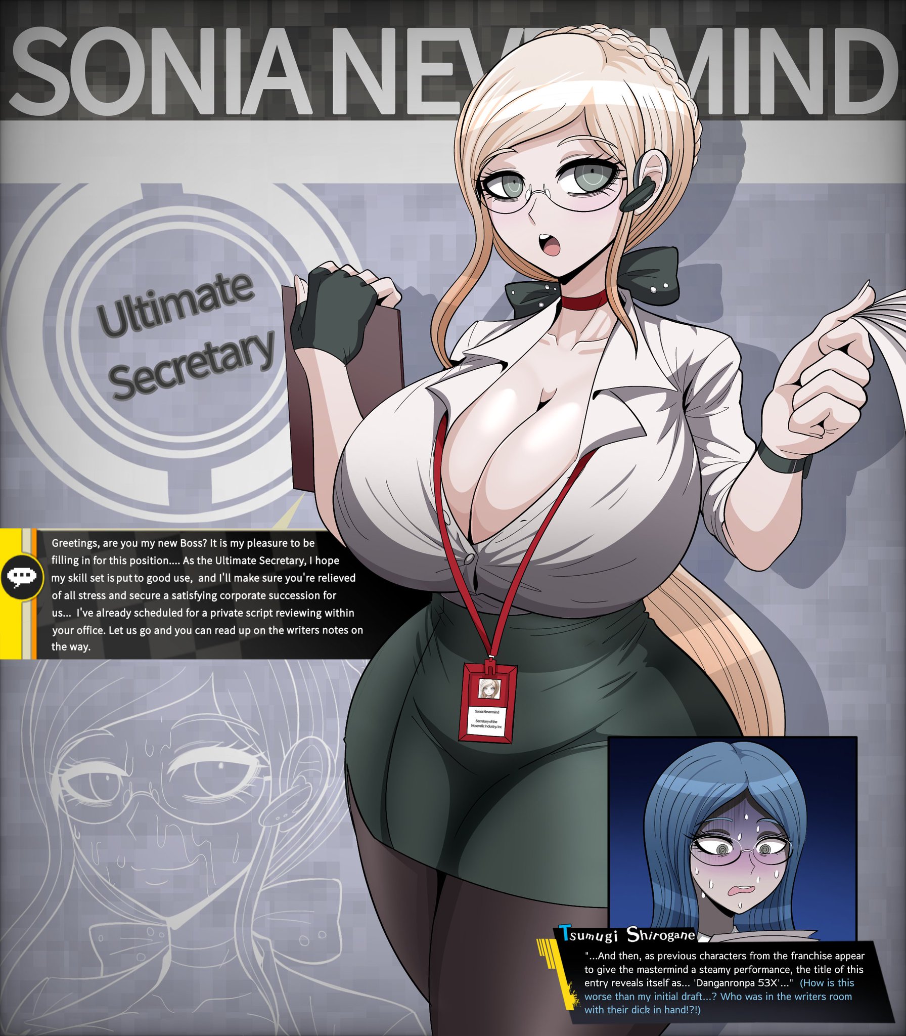 2girls, big breasts, danganronpa, danganronpa 2: goodbye despair, danganronpa v3, dialog, dialogue, exposed breasts, glasses, naver, pantyhose, secretary, shirogane tsumugi, skirt, sonia nevermind, sweat, tight skirt, voluptuous, voluptuous female