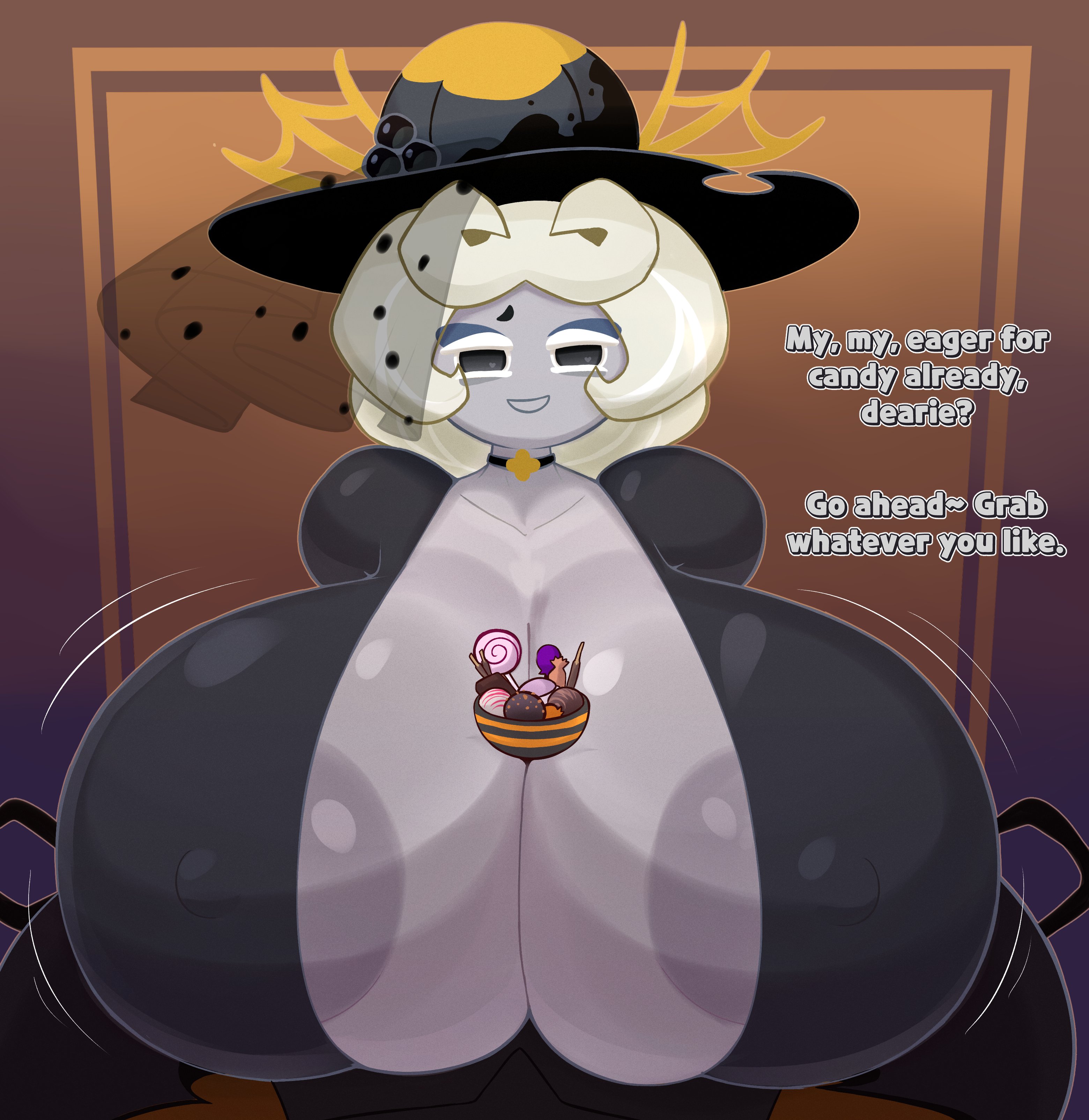 1girl, 1girls, 2026, areolae, bags under eyes, big breasts, black dress, black eyes, breasts, candy, choker, cookie run, cookie run ovenbreak, devsisters, dress, female, fromariels, gilf, halloween, hat, huge breasts, hyper, hyper breasts, looking at viewer, nipple bulge, nipples, silver body, silver skin, solo, solo female, talking to viewer, truffle cookie, veil, white hair