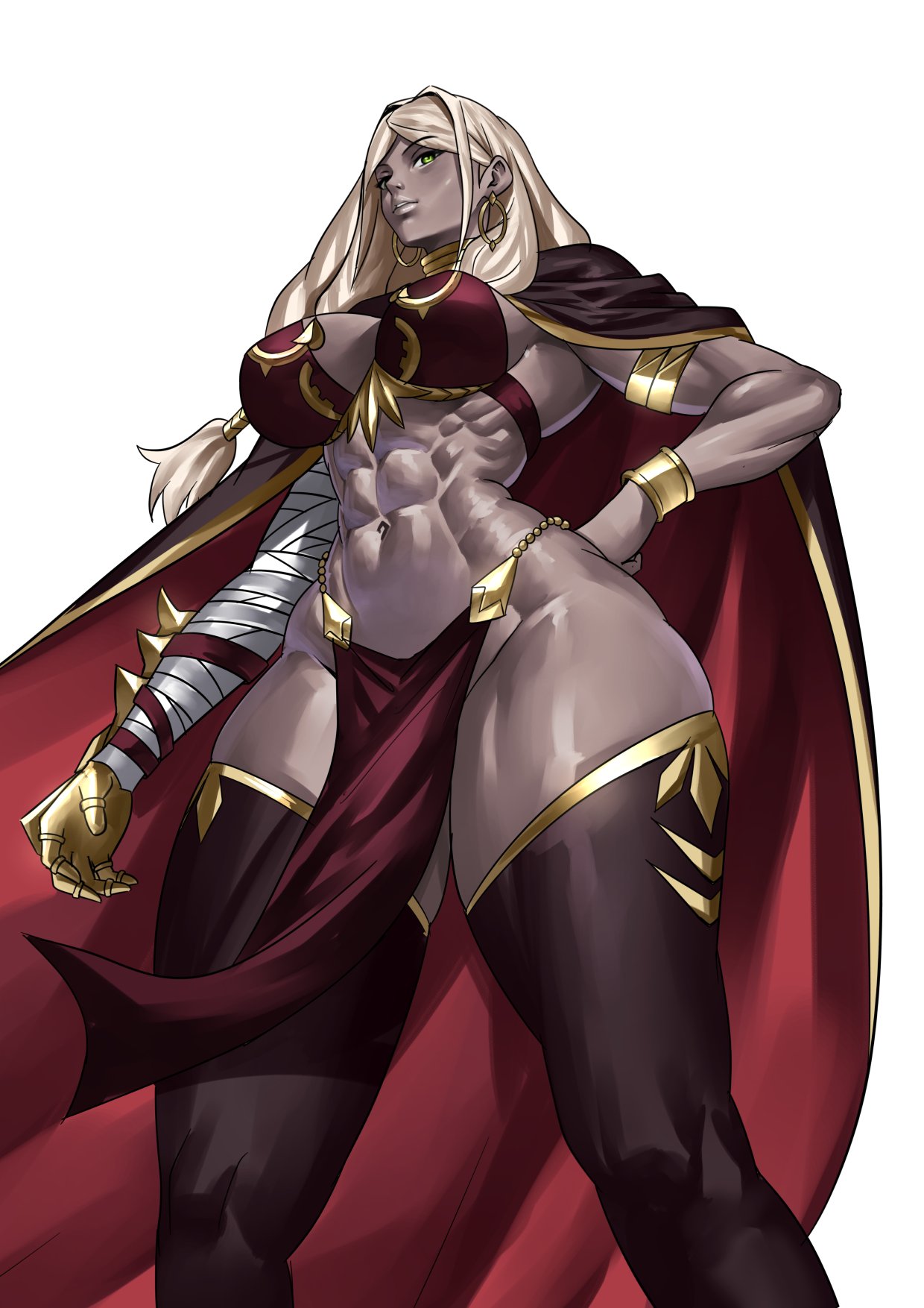 1girls, abs, amputee, big boobs, big breasts, bikini armor, blonde hair, boobs, bracelet, bracelets, breasts, cloak, clothed, dark skin, dark-skinned female, earrings, exposed midriff, female, female only, fire emblem, fire emblem: fortune's weave, gold jewelry, green eyes, hand on hip, hips, hips wider than shoulders, large breasts, loincloth, muscles, muscular, muscular female, nintendo, no panties, pose, prosthetic arm, queen, royalty, solo female, theodora (fire emblem), thick thighs, thighhighs, thighs, wide hips, zinfian