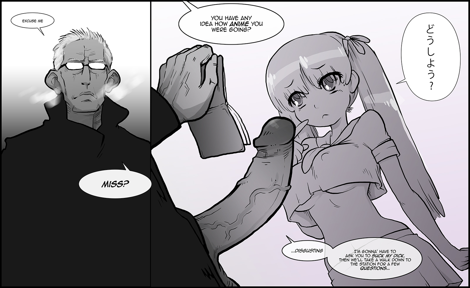1boy, 1girls, age difference, big penis, breasts, dialog, english text, erect nipples, erection, female, glasses, large penis, long hair, male, monochrome, nipples, penis, skimpy, sparrow (artist), straight, text, underboob, veins, veiny penis