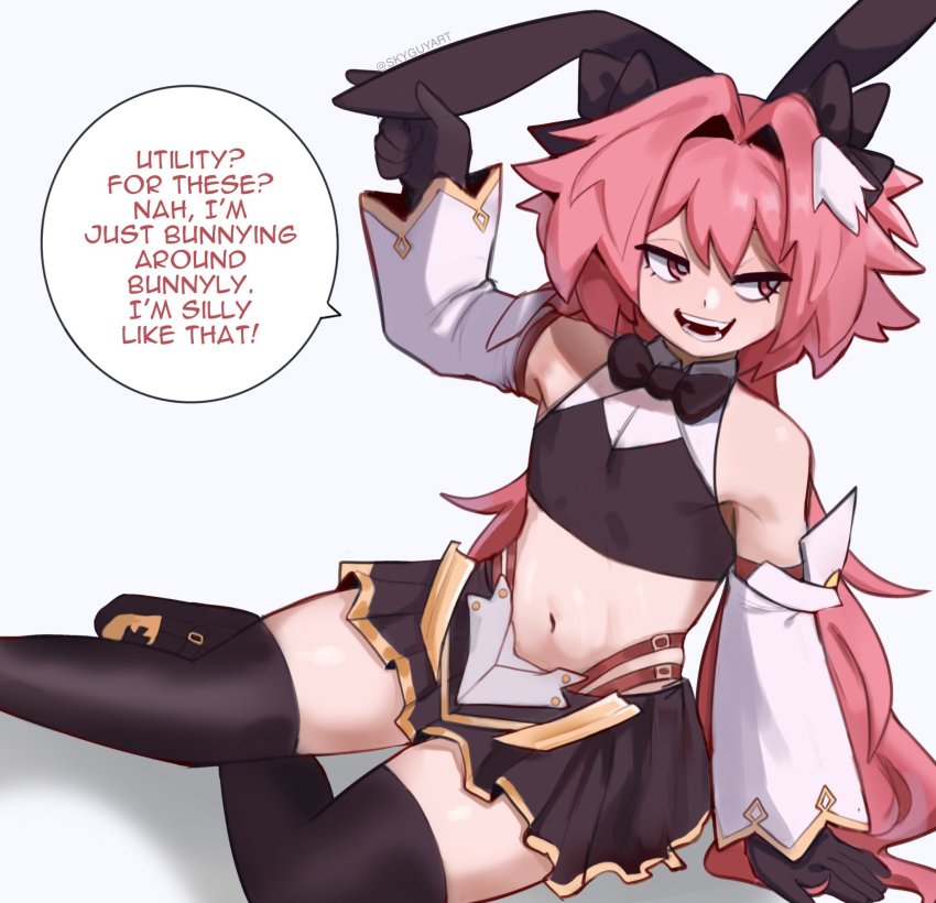 1boy, 1femboy, animal ears, arm support, astolfo (fate), astolfo (saber) (fate), astolfo (saber) (first ascension) (fate), bare shoulders, black bow, black gloves, black skirt, black thighhighs, bow, detached sleeves, english text, fake animal ears, fate (series), fate/grand order, femboy, gloves, hair bow, highres, light-skinned male, long hair, looking to the side, male, male focus, male only, midriff, multicolored hair, navel, open mouth, pink eyes, pink hair, rabbit ears, sitting, skirt, skyguyart, smile, solo, speech bubble, streaked hair, thighhighs, trap, very long hair, white hair