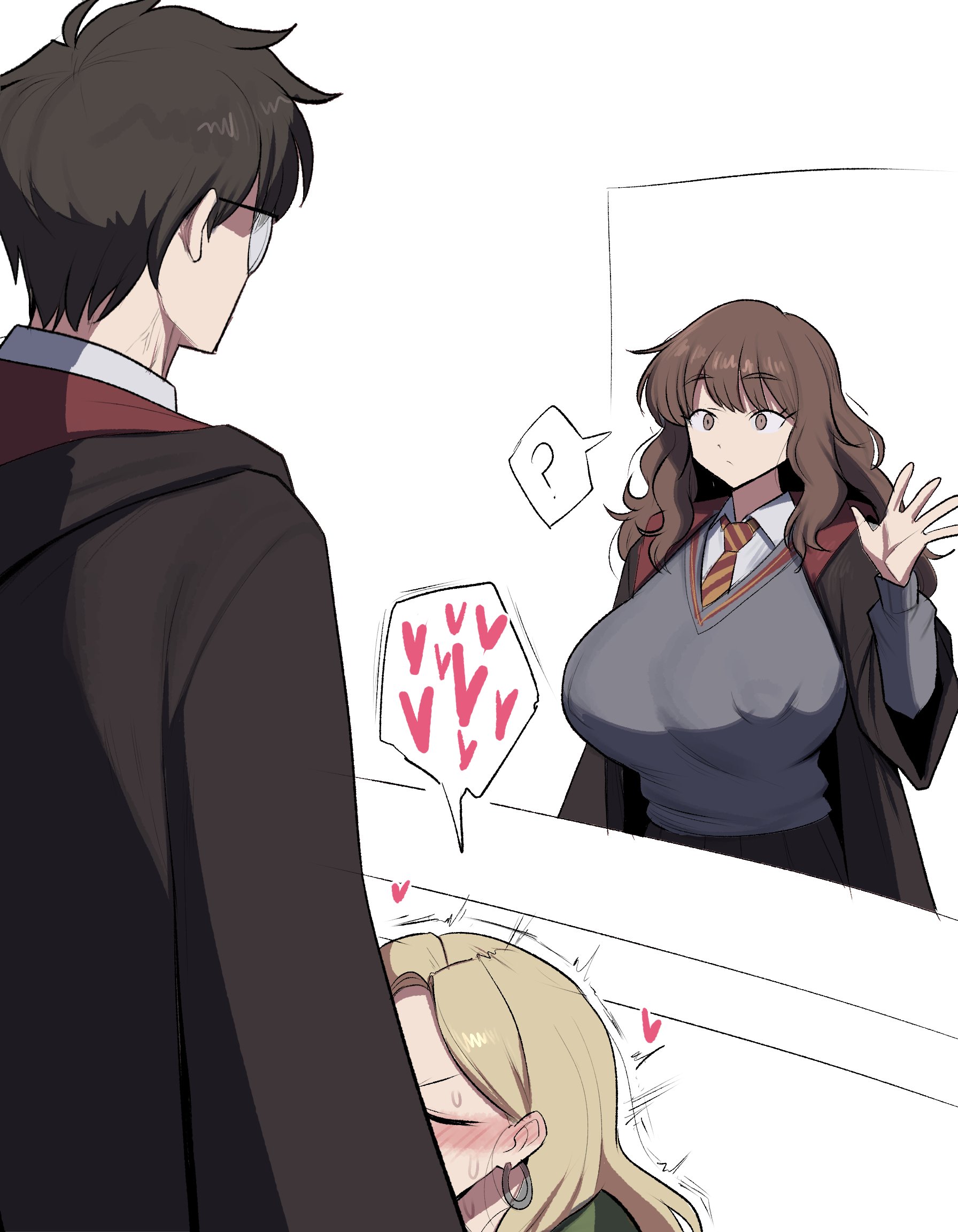?, 1boy, 2girls, black hair, black robe, blonde hair, breasts, brown eyes, brown hair, covered nipples, draco malfoy, draco malfoy (redteneri), earrings, fellatio, genderswap, genderswap (mtf), geulimykun, geulimykun (skbyunea413), glasses, grey sweater, harry james potter, harry potter, harry potter (series), heart, hermione granger, hetero, highres, hogwarts school uniform, hoop earrings, huge breasts, jewelry, long hair, long sleeves, looking at another, multiple girls, oral, robe, school uniform, spoken heart, spoken question mark, sweater, walking in, walking in on, waving butt, wizarding world