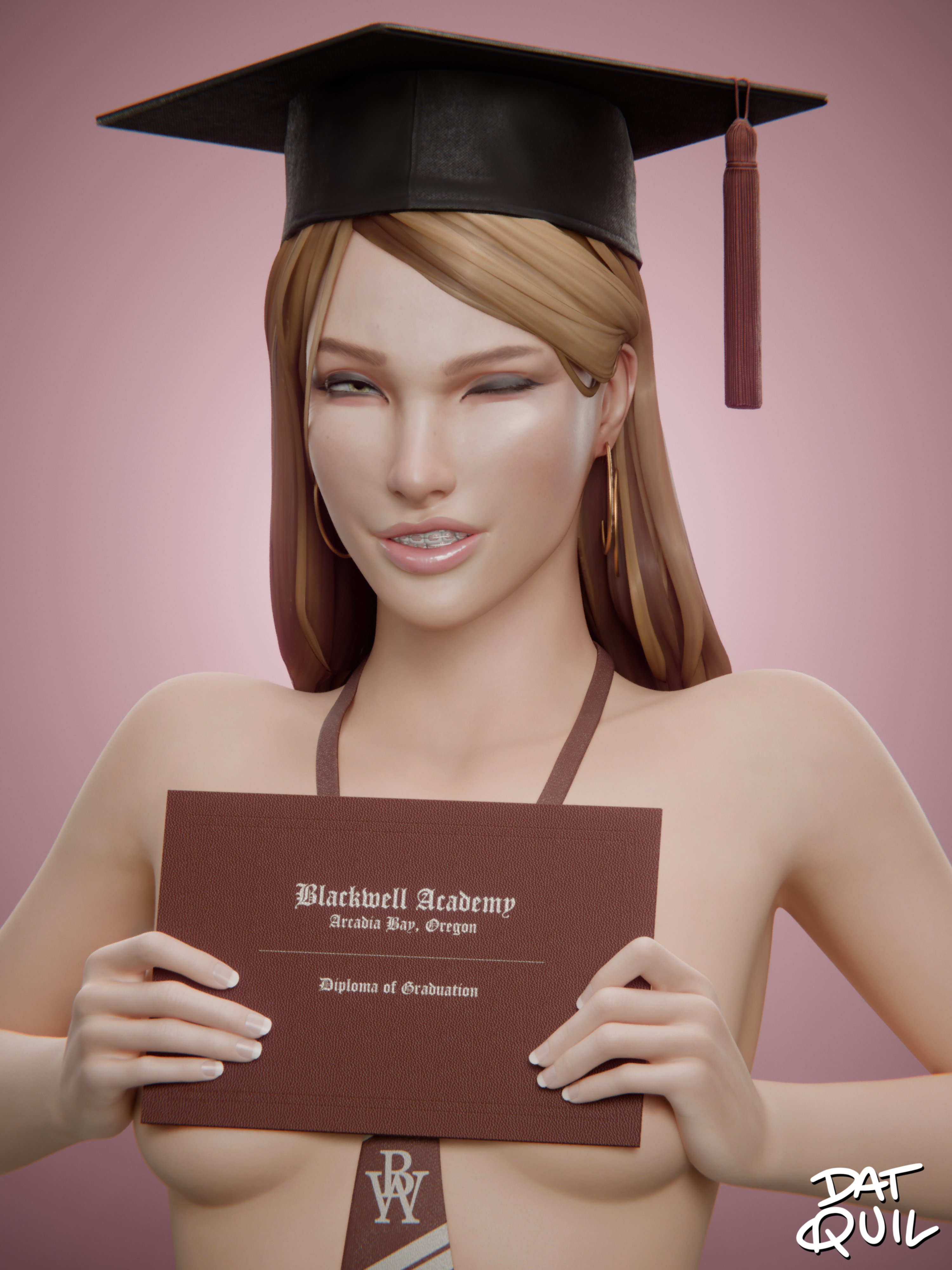 1girls, 2026, 3d, alternate version available, braces, covering breasts, covering self, earrings, eyeshadow, female, female only, functionally nude, graduation cap, grey eyeshadow, hoop earrings, image set, life is strange, life is strange: before the storm, lipstick, long hair, medium breasts, necktie, necktie between breasts, nude, nude female, object censor, pink lipstick, portrait, quilsfm, rachel amber, simple background, solo, square academic cap, strawberry blonde hair, tassel hat ornament, upper body, wink, winking