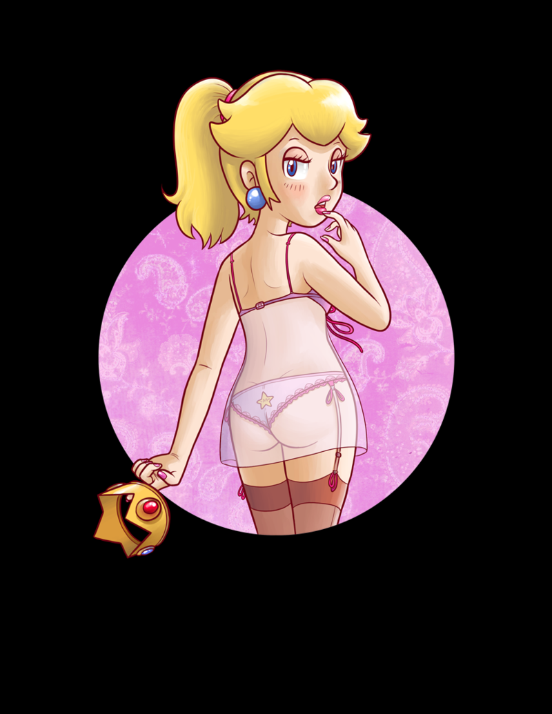 1girls ass back back_view blonde_hair blue_eyes blush bra crown earrings female female_only finger_on_mouth garter_belt garter_straps half-closed_eyes human lingerie lips lipstick looking_at_viewer looking_back mario_(series) nail_polish nintendo open_mouth panties ponytail princess_peach see-through solo stockings thebourgyman thighhighs tied_hair