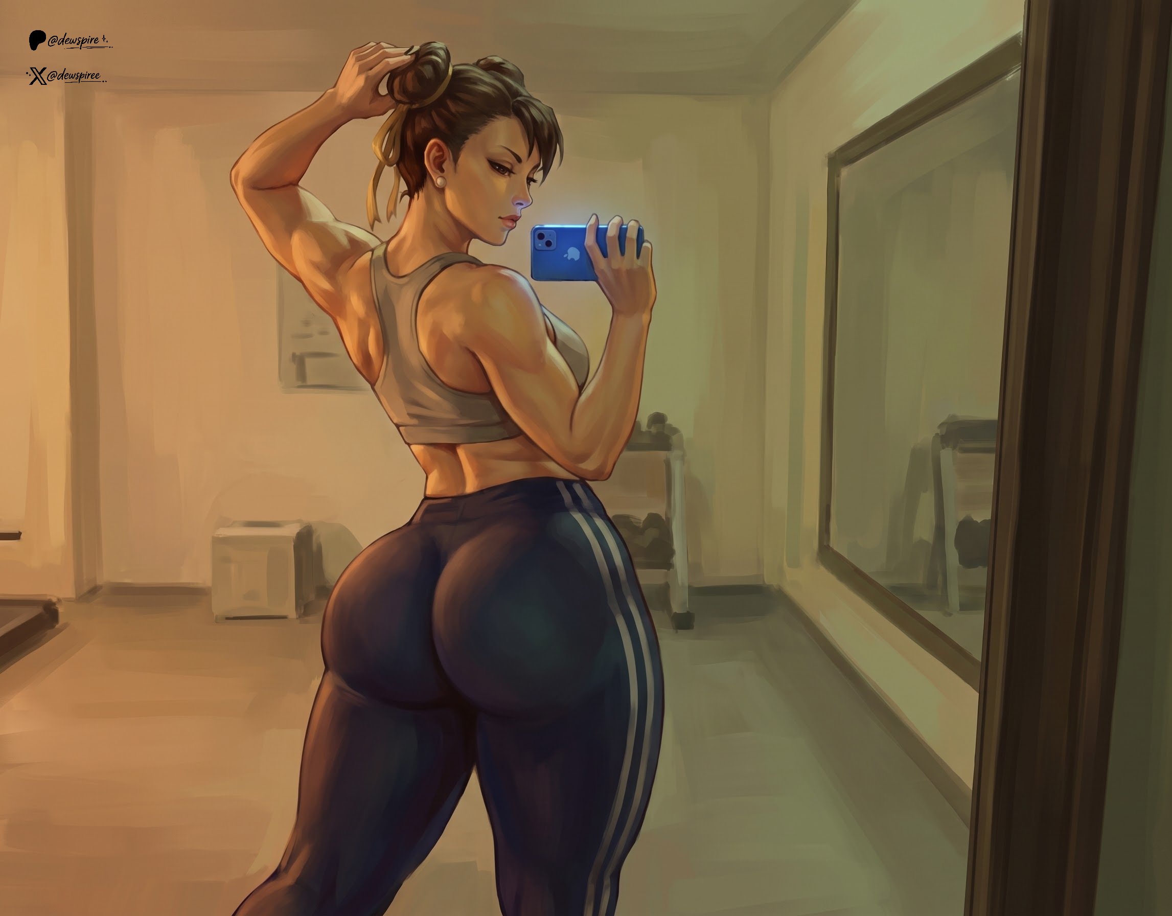 ai assisted, ai generated, arm up, ass, ass bigger than head, ass focus, big ass, big breasts, big butt, breasts, brown eyes, brown hair, bun hair, butt, chun-li, dat ass, dat butt, dewspire, dumptruck ass, dumptruck butt, ear piercing, earrings, fat ass, fat butt, female, female focus, female only, gym, gym clothes, huge ass, huge butt, light skin, light-skinned female, muscles, muscular, muscular arms, muscular female, phone, plump, plump ass, plump butt, red lips, red lipstick, selfie, selfie pose, shiny ass, shiny breasts, shiny butt, shiny hair, shiny skin, short hair, solo, solo focus, street fighter, street fighter 6, thick ass, thick butt, tight clothing, tight pants, watermark, white skin, white skinned female