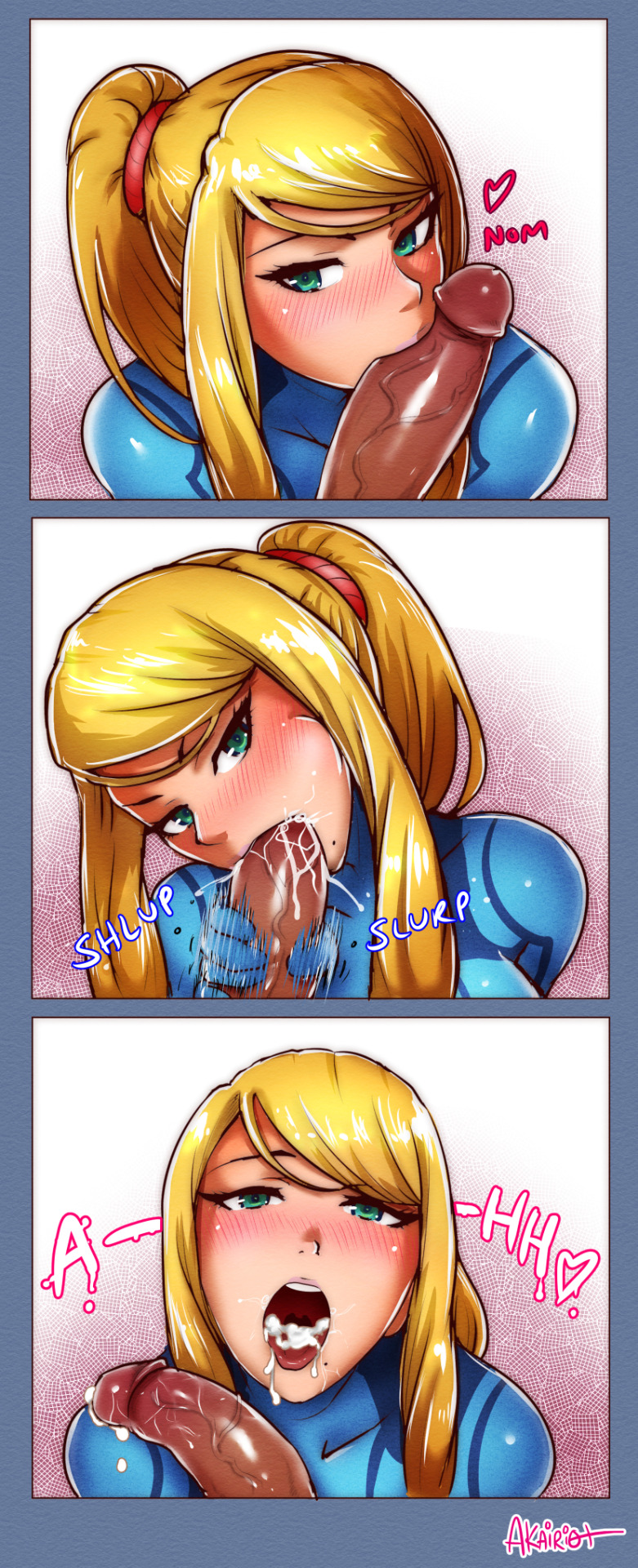 1boy, 1girls, 3koma, after fellatio, after oral, after sex, akairiot, bangs, beauty mark, bimbo, biting, blonde hair, blowjob, blue eyes, blue gloves, blush, bodysuit, cheek bulge, colored, comic, cum, cum in mouth, cum on tongue, cumshot in mouth, dark penis, dark skin, dark-skinned male, ejaculation, eye contact, faceless male, fellatio, female, gloved handjob, gloves, green eyes, hair, hand on penis, handjob, handjob while sucking, handjob with gloves, highres, holding penis, interracial, kissing penis, light-skinned female, long hair, looking at viewer, male, massive penis, metroid, moaning, mole, nintendo, open mouth, oral, penis, ponytail, pov, pov eye contact, samus aran, sex, sidelocks, solo focus, straight, swept bangs, tied hair, tongue, touching penis, uncensored, veiny, veiny penis, zero suit, zero suit samus