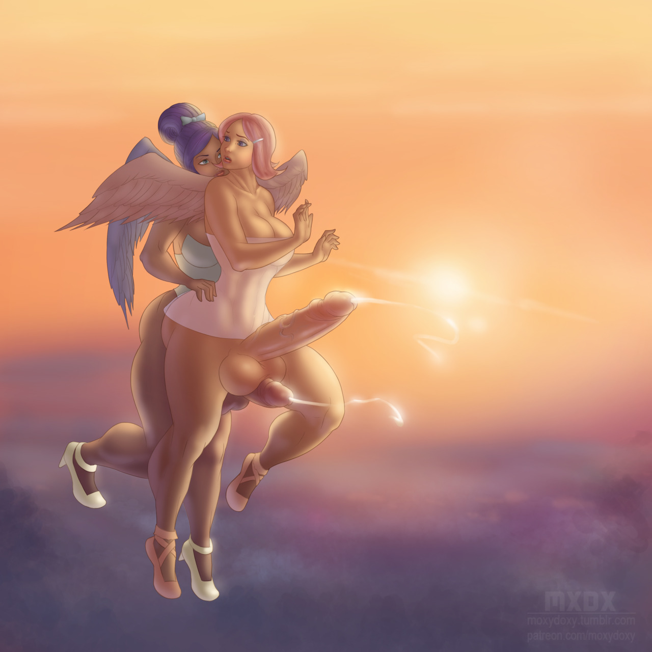2girls, airborne, angel, angel cecilia, angel minerva, angel wings, ballerina, ballet slippers, balljob, balls, blue eyes, bottomless, breasts, cecilia, cleavage, clothing, corset, cum, dark skin, dickgirl, dress, ejaculation, erection, female, floating, flying, futa on futa, futanari, hair, hair bun, hair ribbon, hairclip, handsfree ejaculation, high heels, huge balls, huge cock, intersex, large balls, large breasts, large penis, large testicles, minerva, moxydoxy, penis, penis under dress, pink hair, purple hair, ribbon, shoes, short hair, testicles, voluptuous, wings