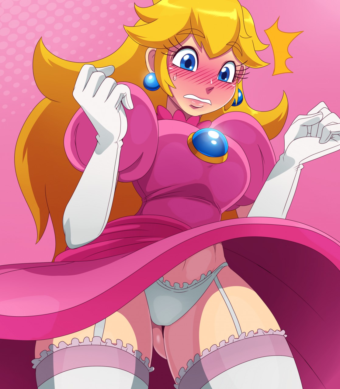 ass, blush, breasts, clothed, clothing, crown, dress, ear piercing, earrings, elbow gloves, embarrassed, embarrassed underwear female, embarrassed undressed female, euf, eyelashes, female, female only, fully clothed, gloves, half-dressed, headgear, hourglass figure, human, legwear, long hair, looking down, mario (series), medium breasts, nintendo, panties, pantyshot, piercing, princess, princess peach, raised arm, royalty, solo, sssonic2, standing, stockings, super mario bros., sweat, teeth, thick thighs, underwear, white panties
