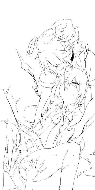 3girls, akita neru, cunnilingus, cunnilingus through clothes, dress, fanloid, hatsune miku, imminent sex, kasane teto, monochrome, nejikyuu, only female, threesome, utau, vocaloid, yuri