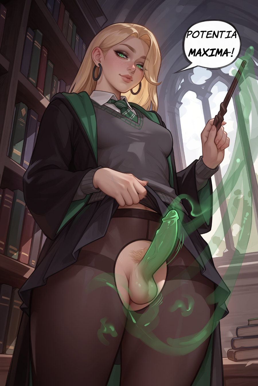 1futa, ai assisted, ai generated, casting spell, draco malfoy, draco malfoy (redteneri), femboy, futanari, glowing genitalia, harry potter, hogwarts school uniform, hogwarts student, intersex, long hair, newhalf, ringed eyes, rousherte, self upload, skirt lift, tagme, talking to viewer, trans, transgender, wand