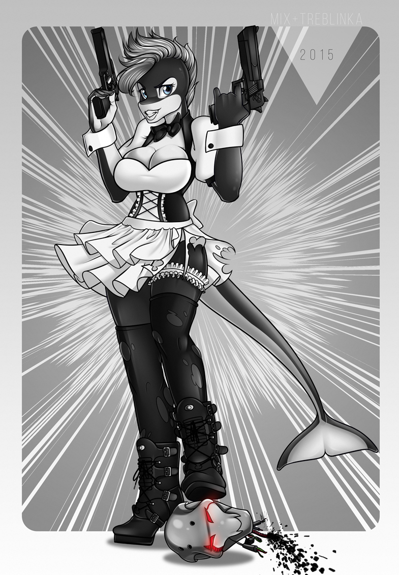 2015 abstract_background black_and_white bra breasts cetacean cleavage clothed clothing collaboration elain elain_blackfish female gun hair handgun llmixll maid_uniform mammal marine monochrome nocran orca pistol pose ranged_weapon simple_background skirt smile solo solo_focus treblinka underwear weapon whale