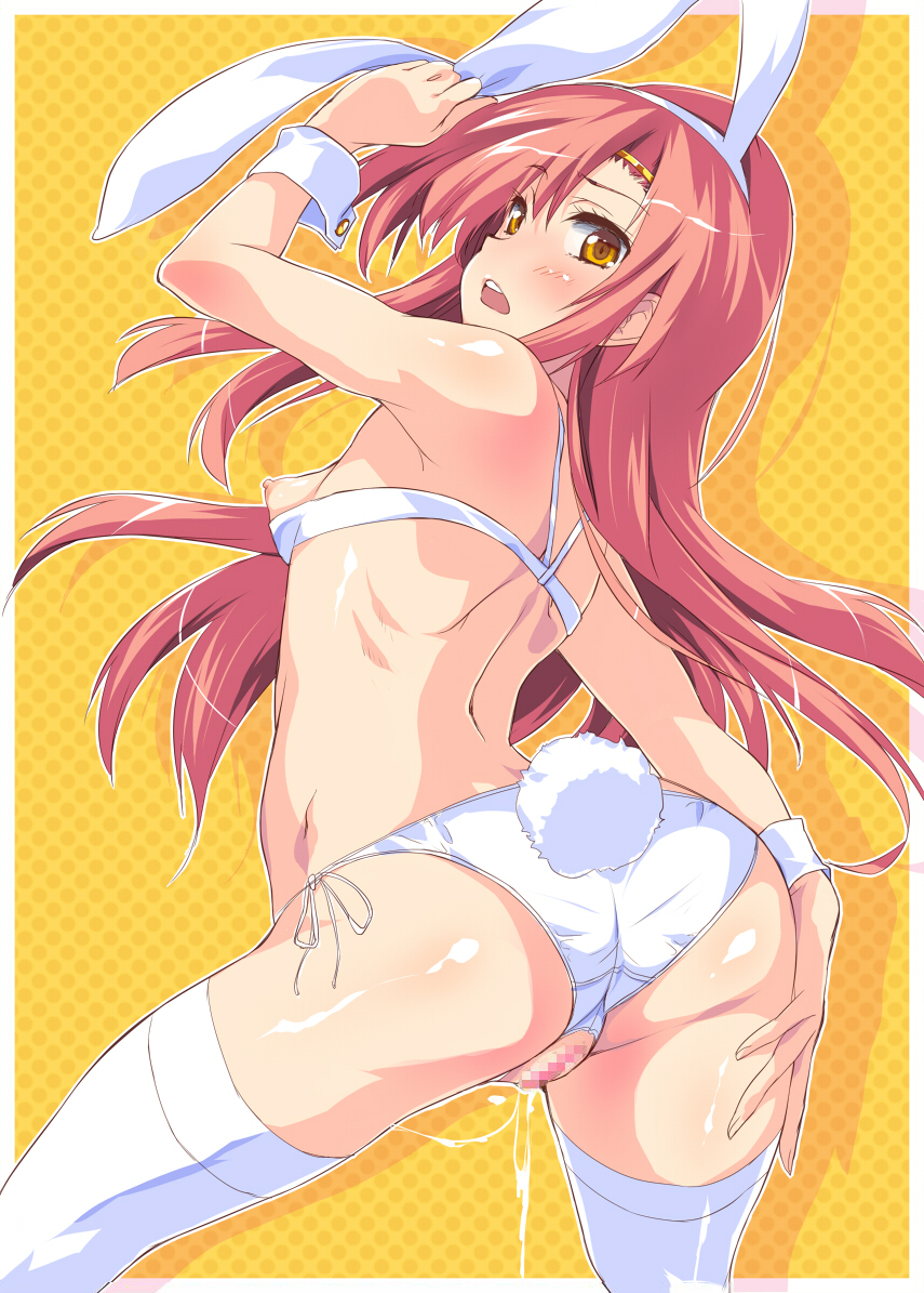 animal_ears ass blush breasts bunny_ears bunny_tail censored crotchless_clothes crotchless_panties female hayate_no_gotoku! katsura_hinagiku kisairo_kaede long_hair open_mouth panties pink_hair pussy_juice shiny shiny_skin side-tie_panties solo tail thighhighs underwear white_legwear wrist_cuffs