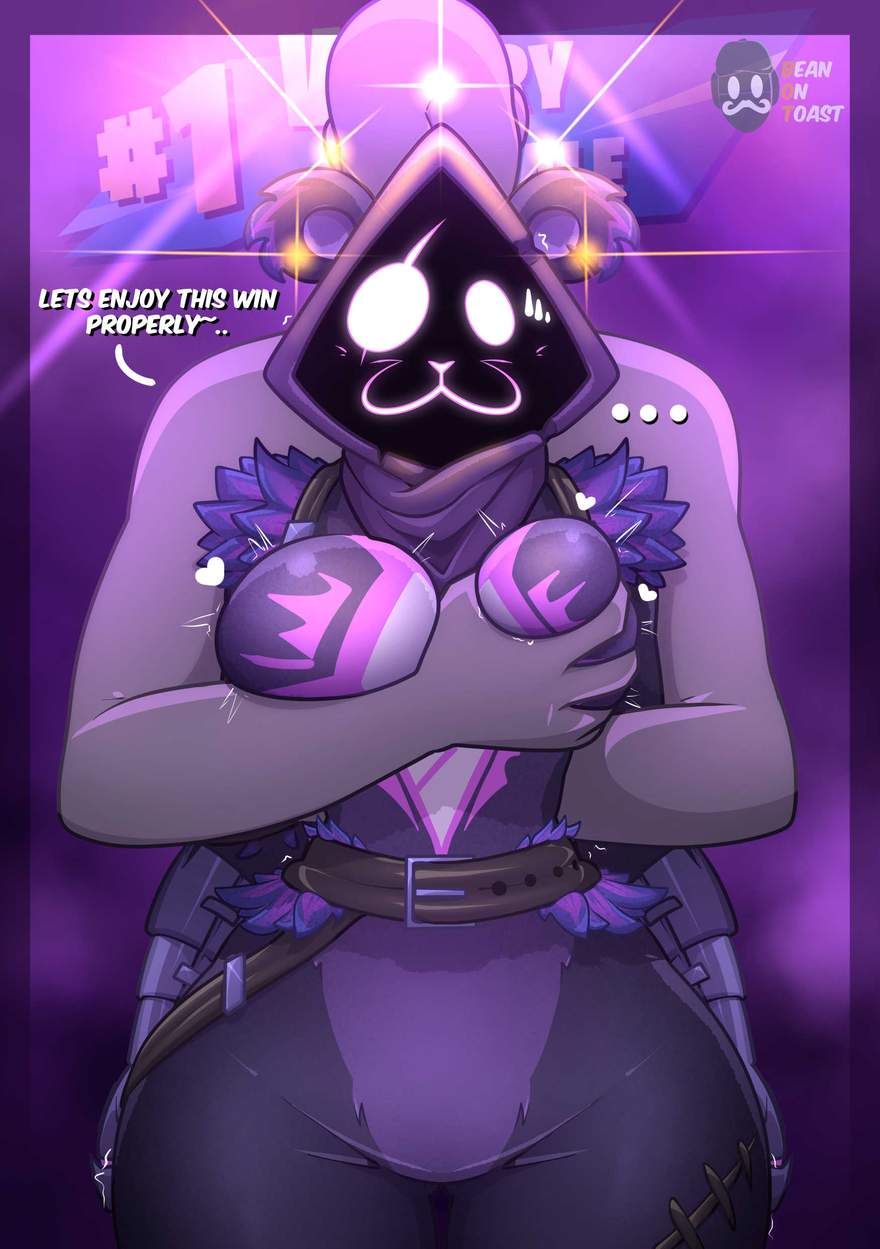 2026, 2d, 2d (artwork), 2d artwork, artist logo, artist name, beanontoast, bear ears, big breasts, breasts, faceless male, female, fortnite, grabbing another's breast, masked female, purple body, raven team leader, thick thighs