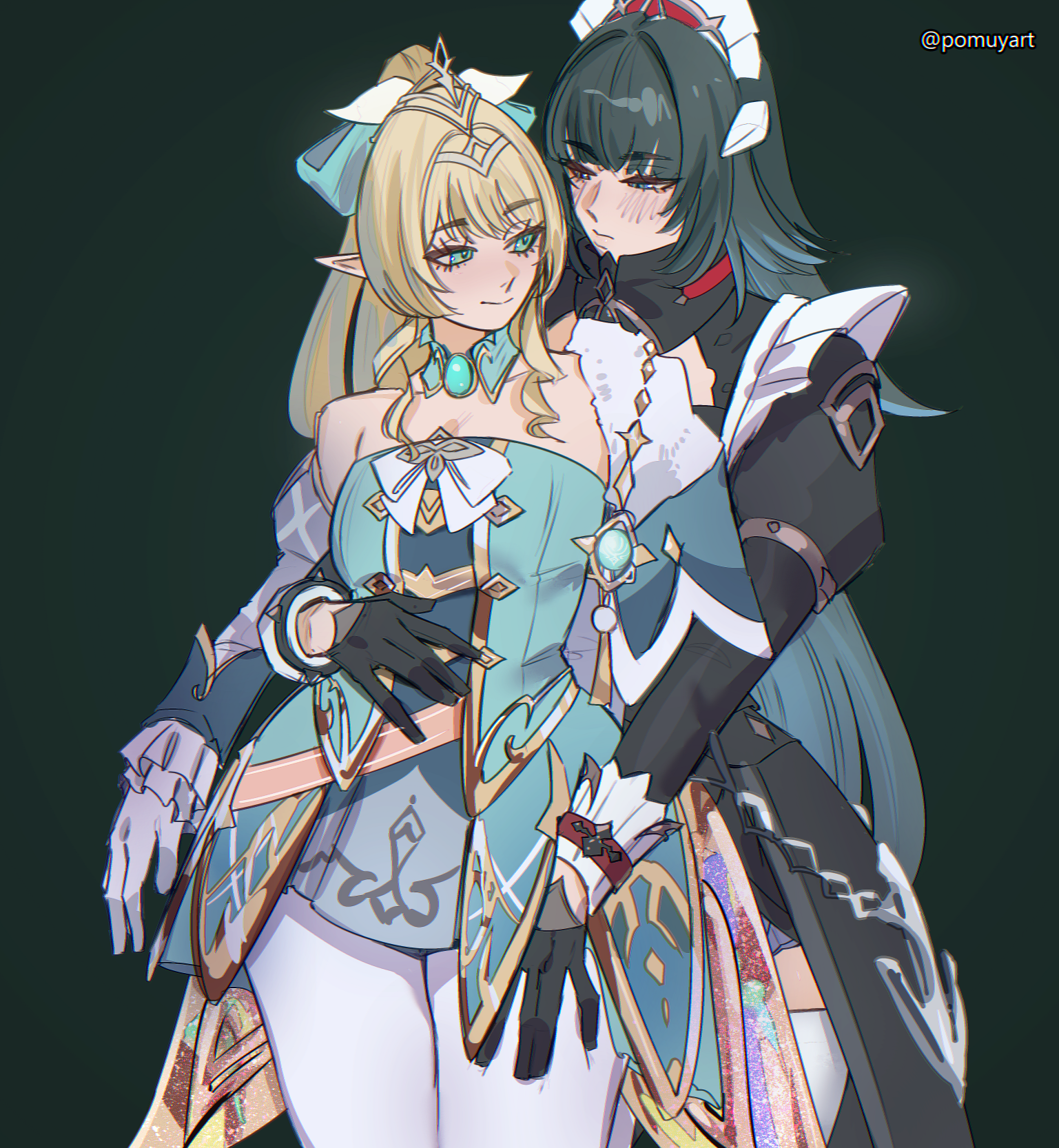 2girls, black hair, blonde hair, blue eyes, blush, clothing, danica (genshin impact), female only, female/female, fully clothed, genshin impact, gloves, grabbing thighs, green eyes, holding partner, hoyoverse, light-skinned female, pomuya, thighs, vesna (genshin impact), wide hips, yuri