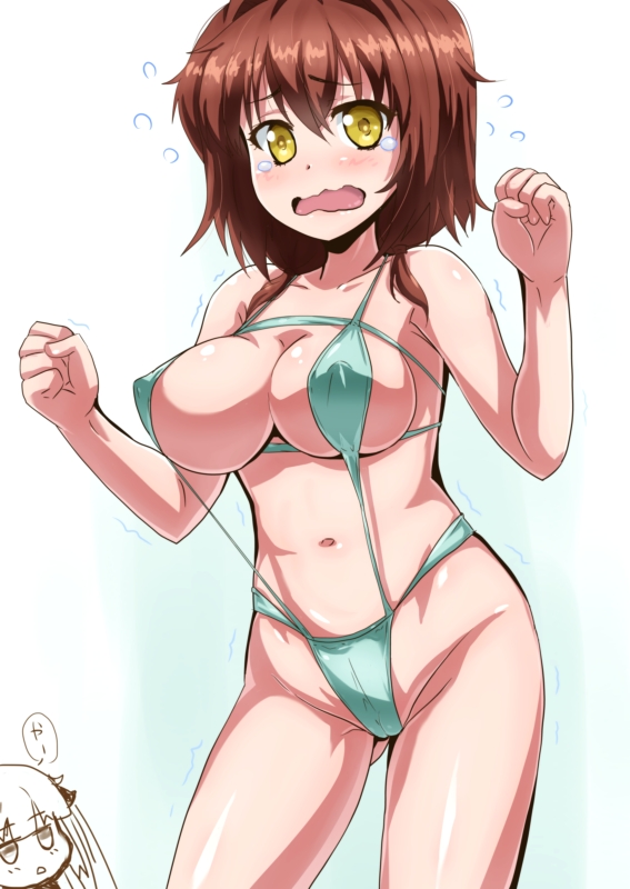 absolute_duo bikini blush breasts brown_hair cameltoe covered_nipples female hotaka_miyabi navel open_mouth solo_focus swimsuit tears yellow_eyes