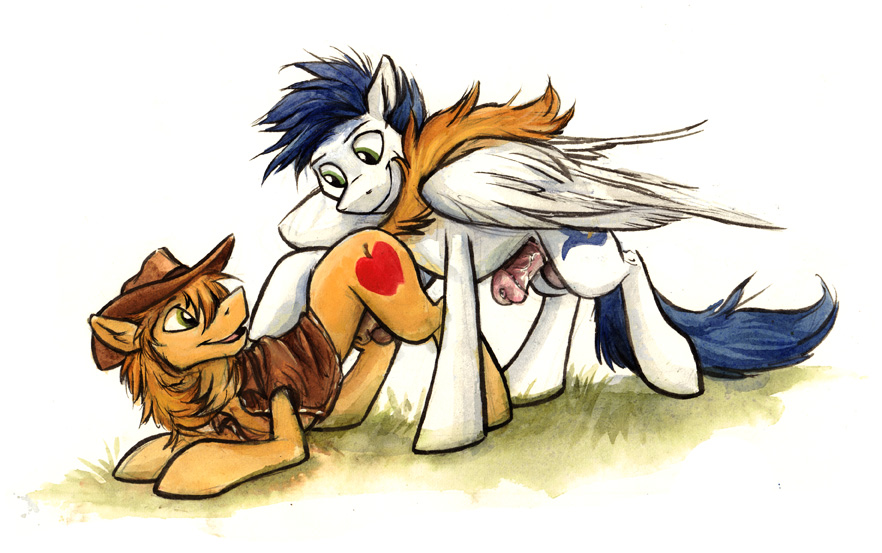 2015 balls big_wings cutie_mark duo equine erection feral friendship_is_magic hat horse kenket male mammal my_little_pony pegasus penis pony sheath smile traditional_media wings yaoi