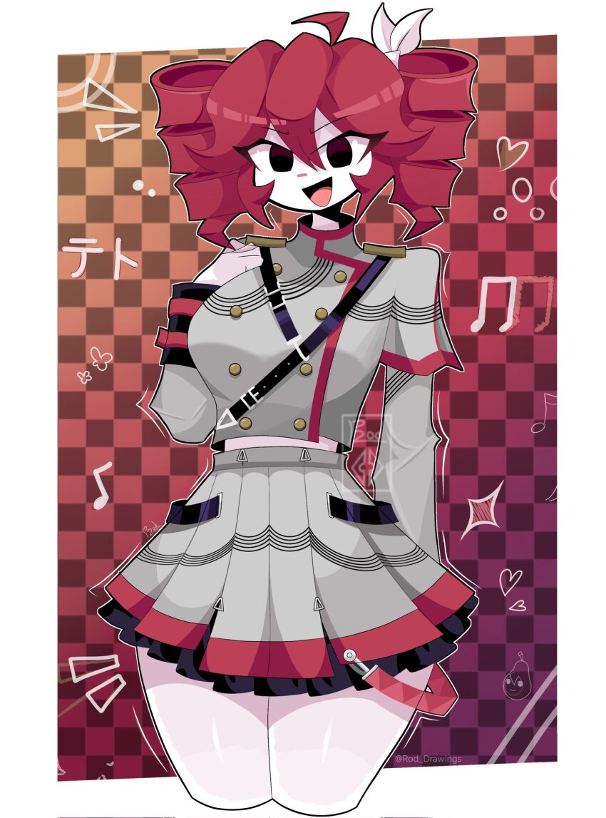 1girl, ahoge, arm at side, big hair, black eyes, breasts, checkered background, colored skin, cropped legs, drill hair, flipped sidelocks, gradient background, grey jacket, grey skirt, hair ribbon, hand up, heart, highres, jacket, kasane teto, kasane teto (utau), large breasts, looking at viewer, medium hair, open mouth, orange background, purple background, red background, red hair, ribbon, skirt, smile, solo, twin drills, utau, white ribbon, white skin
