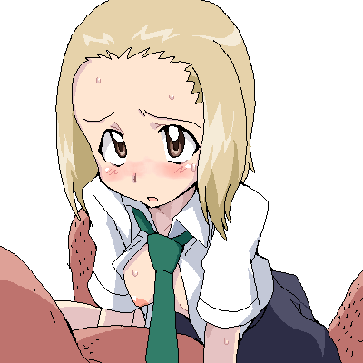 blonde_hair blush breasts fat_man hazuki_torikai lowres necktie oekaki open_clothes open_shirt pointy_chin school_uniform serafuku shirt short_hair sketchbook sketchbook_full_colors torikai_hazuki