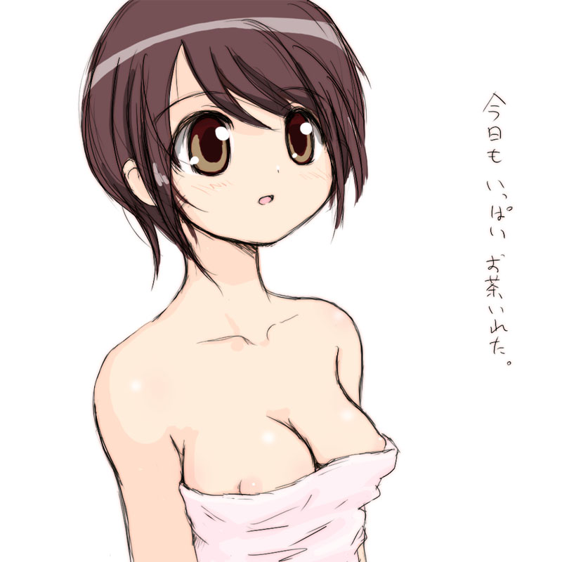 breasts brown_hair doujin_work nipple_slip nipples nitou_kaneru towel yuuichi_(tareme_paradise)