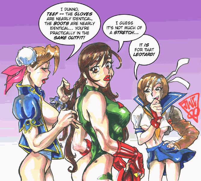 3girls aerith_gainsborough cammy_white cammy_white_(cosplay) chun-li chun-li_(cosplay) cosplay dark_hair female female_only final_fantasy final_fantasy_vii human multiple_girls sakura_kasugano sakura_kasugano_(cosplay) straight_hair street_fighter tifa_lockhart underboob yuffie_kisaragi yuri