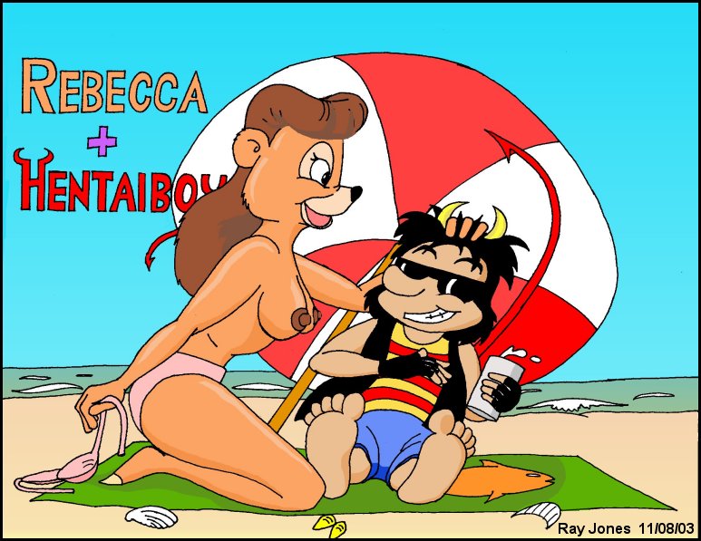 2003 beach bear character_name clothes day disney eyewear female hentai_boy interspecies looking_at_another male mammal nipples outdoors panties ray_jones rebecca_cunningham sand sitting sky sunglasses tagme talespin topless umbrella underwear