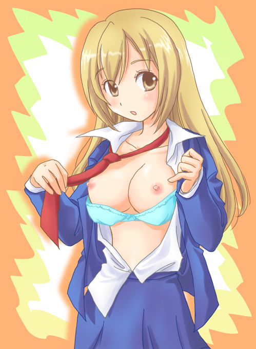 blazer bra breasts clothing dress_shirt haruka_minami lingerie medium_breasts minami-ke minami_haruka necktie nipples open_clothes open_shirt pointy_chin school_uniform shirt skirt underwear undressing