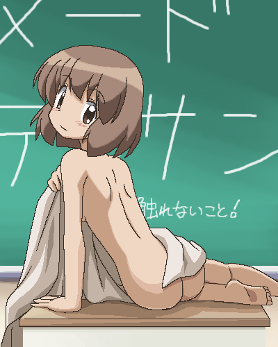 ass awa back barefoot bed_sheet chalkboard covering desk feet from_behind hiyori_kasugano huge_eyes kasugano_hiyori lowres naked_sheet nude nude_cover oekaki sheets sketchbook sketchbook_full_colors