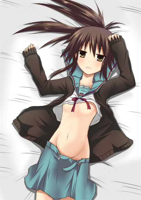 blush bored breasts flat_chest rule_63 kyon kyonko midriff navel open_clothes open_mouth open_shirt school_uniform serafuku shirt suzumiya_haruhi_no_yuuutsu suzumiya_haruhi_no_yuuutsu underboob undressing