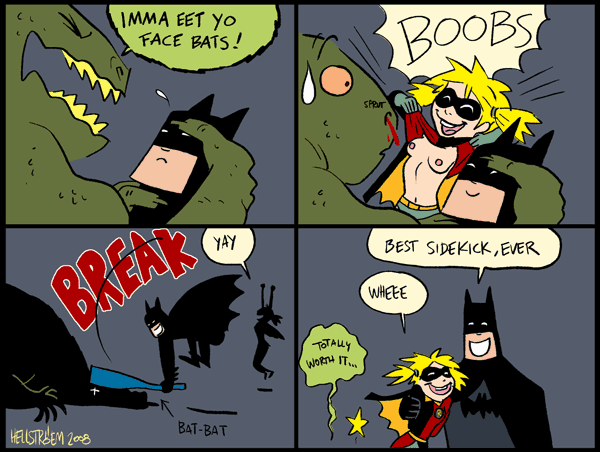 00s 1girls 2000s 2008 2boys batman batman_(series) blonde_hair breasts bruce_wayne comic cute dc dc_comics dialogue female flashing flashing_breasts happy harley_quinn head_pat hellstroem hug killer_croc male nipples robin_(dc) robin_(dc)_(other) smile speech_bubble