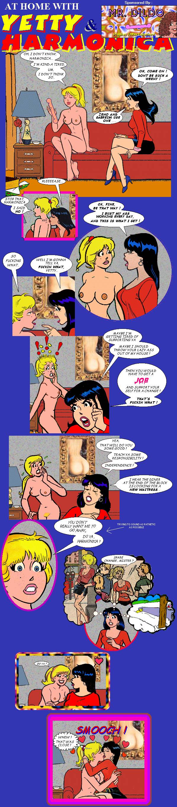 2girls archie_comics ass betty_and_veronica betty_cooper biesiuss black_hair blonde_hair blue_eyes breasts female high_heels kissing multiple_girls nude pussy skirt veronica_lodge yuri