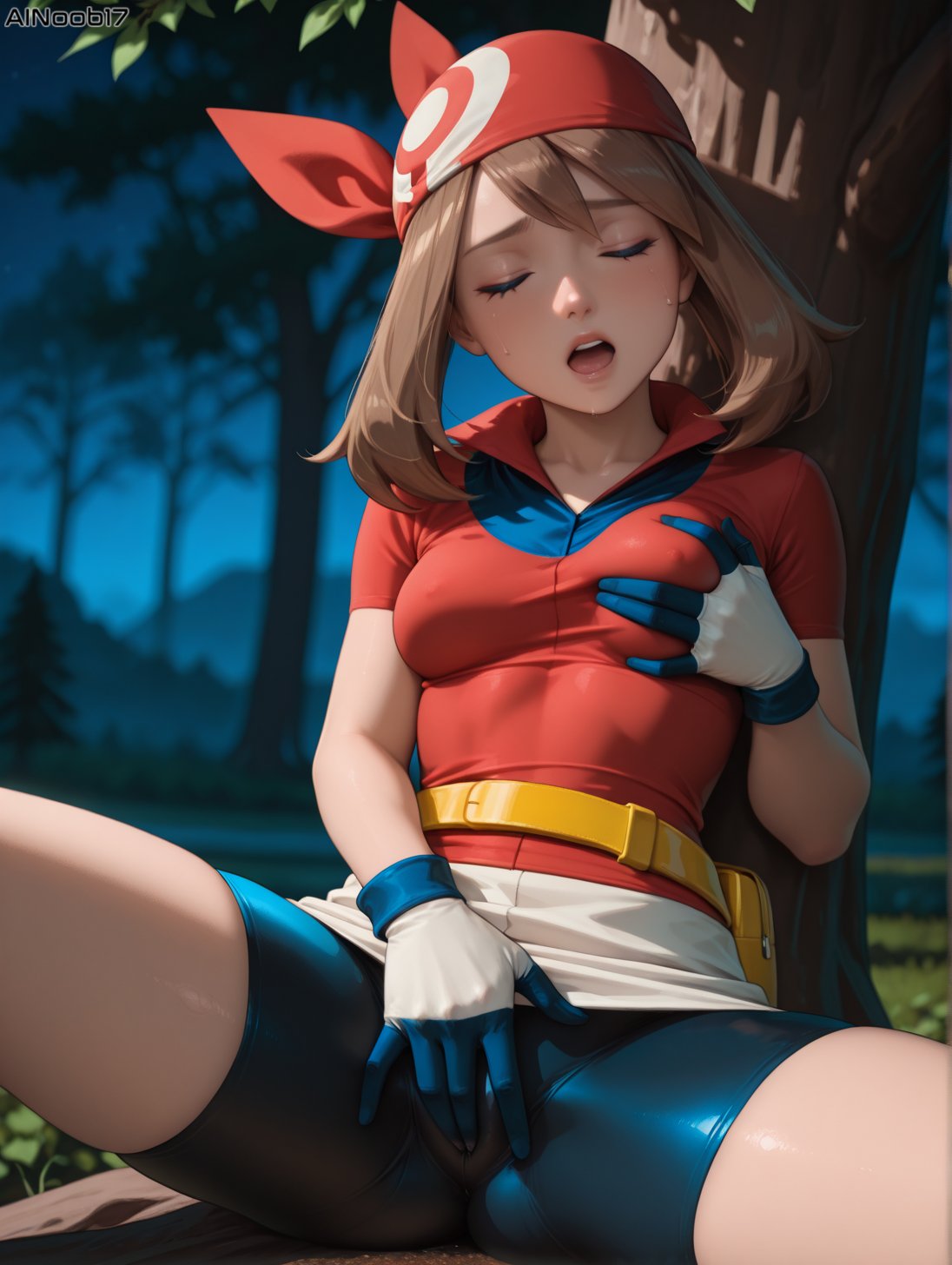 1girls, ai generated, ainoob17, breasts, clothing, female, fingering, fingering through clothes, grabbing own breast, masturbation, may (pokemon oras), may (pokemon), moaning, pokemon, solo, tagme, teenage female, teenager