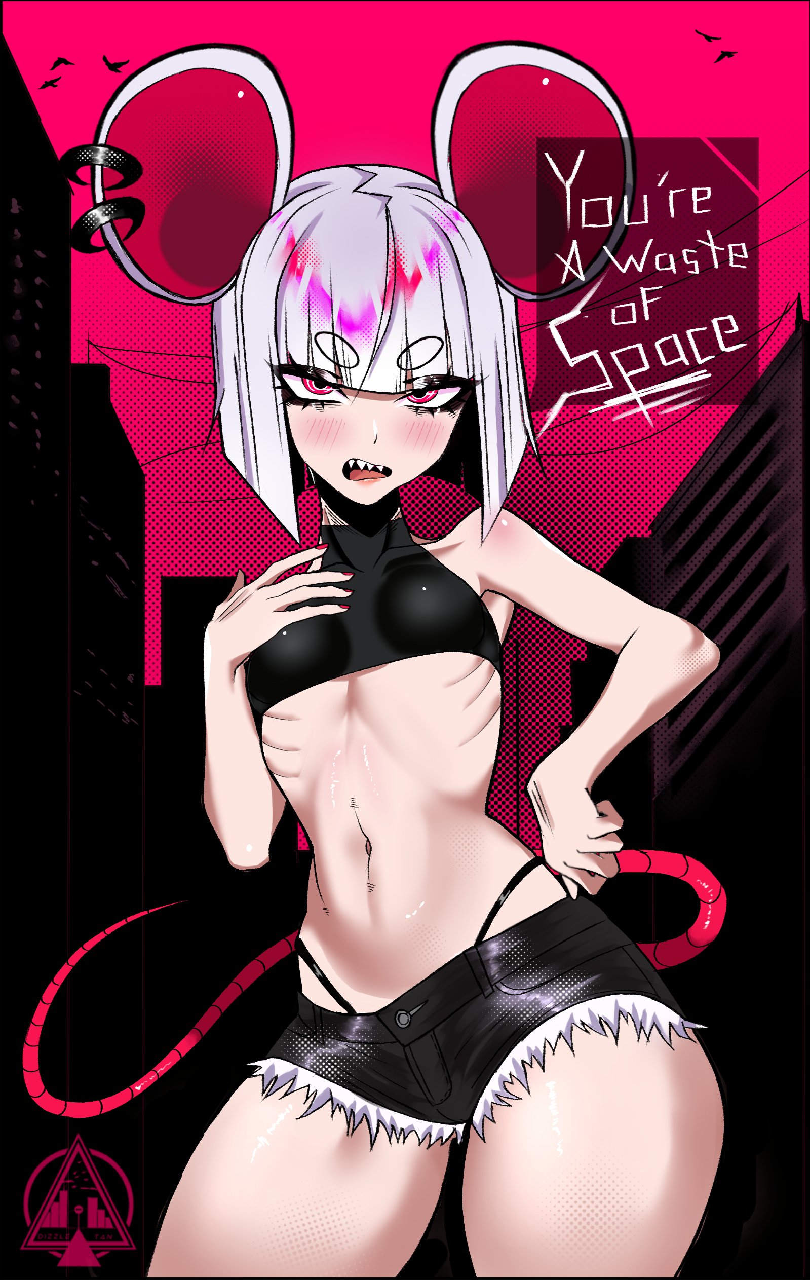 1girls, dizzle tan, female, flat chest, insulting viewer, looking at viewer, midriff, mouse ears, mouse girl, mouse tail, ribs, tagme, thick thighs, thighs, white hair, wide hips